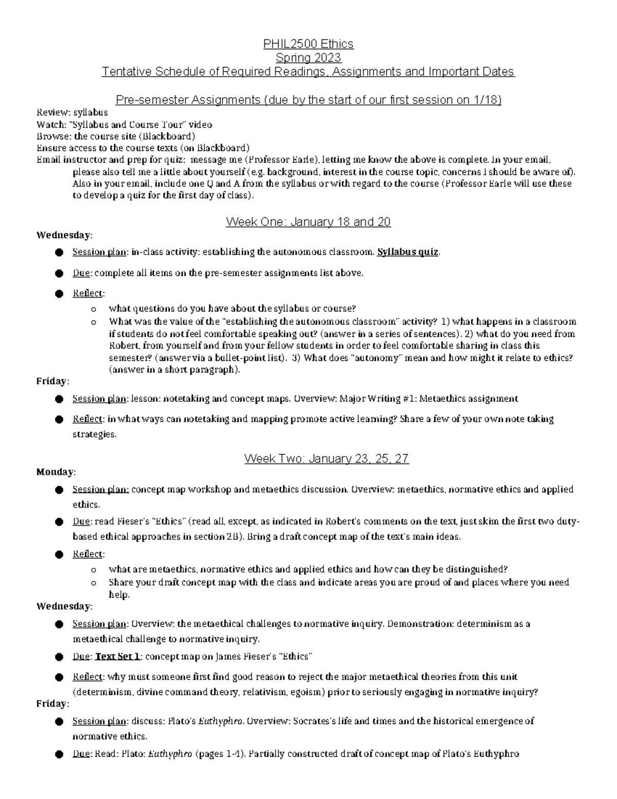Course Schedule PHIL2500 Ethics Spring 2024 - PHIL2500 Ethics Spring ...