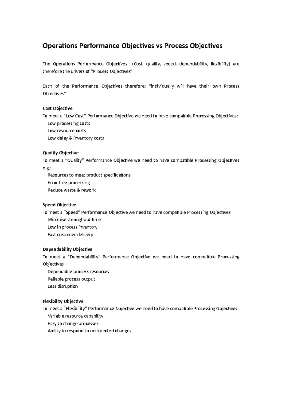 Note3 - Lecture notes Processes - Operations Performance Objectives vs ...