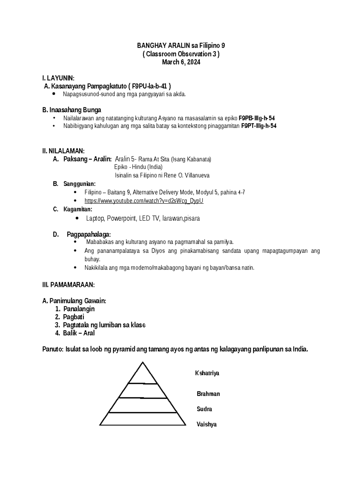 COT3 RAMA AT SITA 23 24 Summary BSE Filipino BANGHAY ARALIN sa