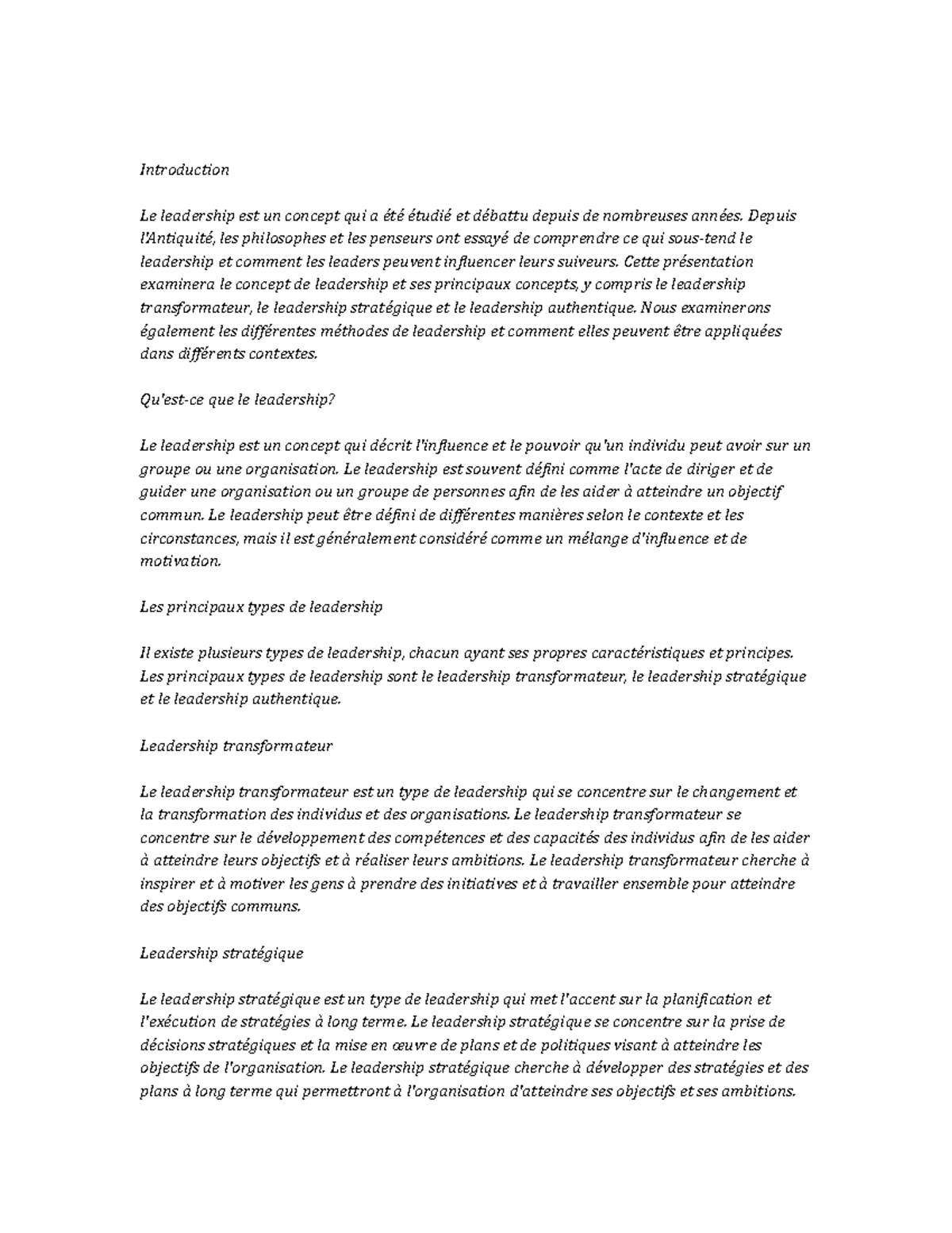 Leadership Studies Study Notes - Introduction Le leadership est un ...