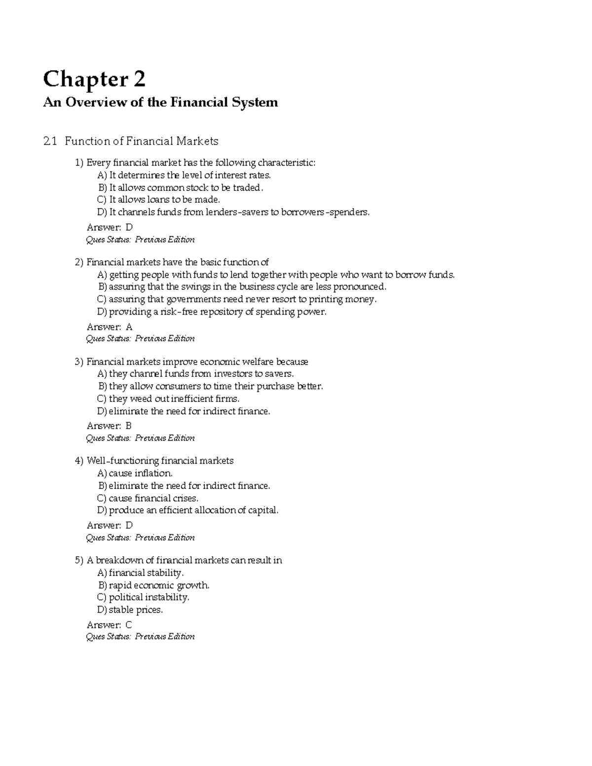 MCQs Chapter 2 - Financial Systems - Chapter An Overview Of The ...