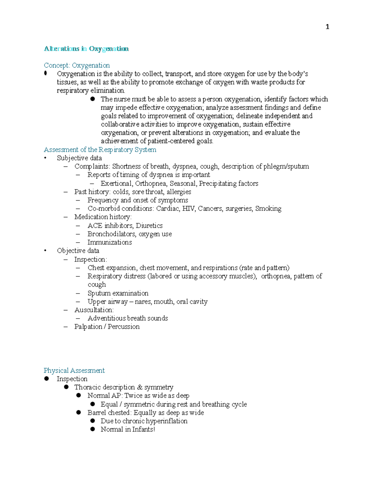 WCU NURS 120 -quiz 4 - Respiratory System Notes - Alterations In ...