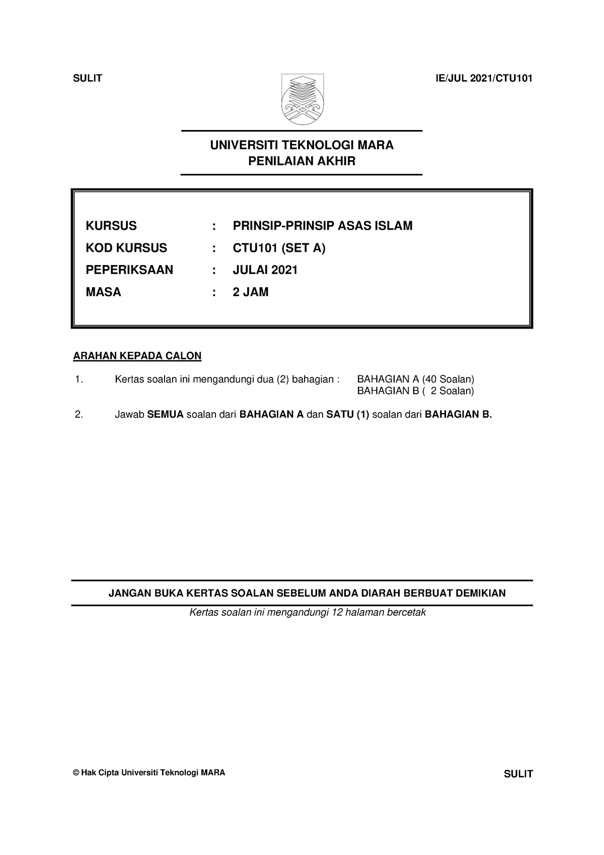 CTU101  Contoh soalan  UNIVERSITI TEKNOLOGI MARA PENILAIAN AKHIR