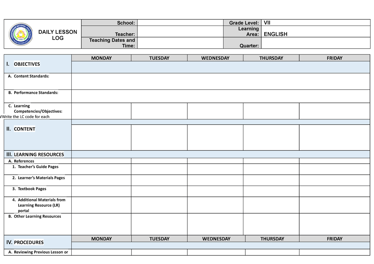 EXAMPLE OF DAILY LESSON LOG - DAILY LESSON LOG School: Grade Level: VII ...