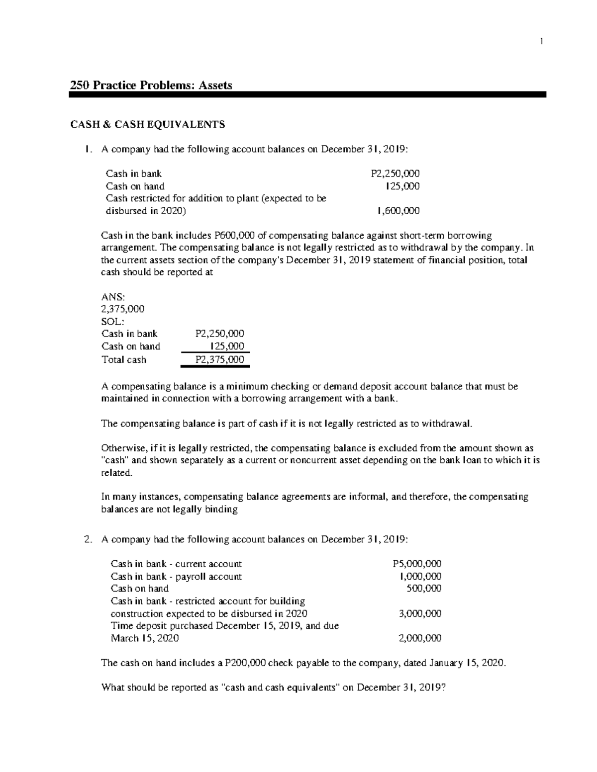 250 Problems Assets-1-40 - 250 Practice Problems: Assets CASH & CASH ...