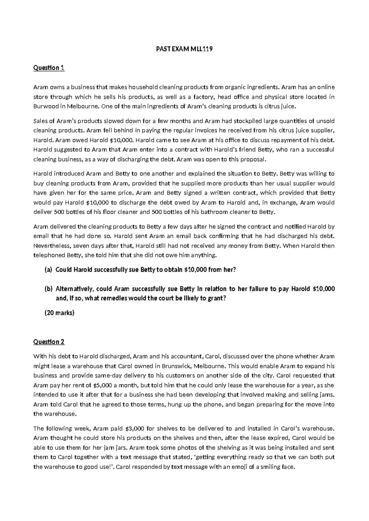 Past Exam for Revision Week 11 MLL119 - PAST EXAM MLL Question 1 Aram ...