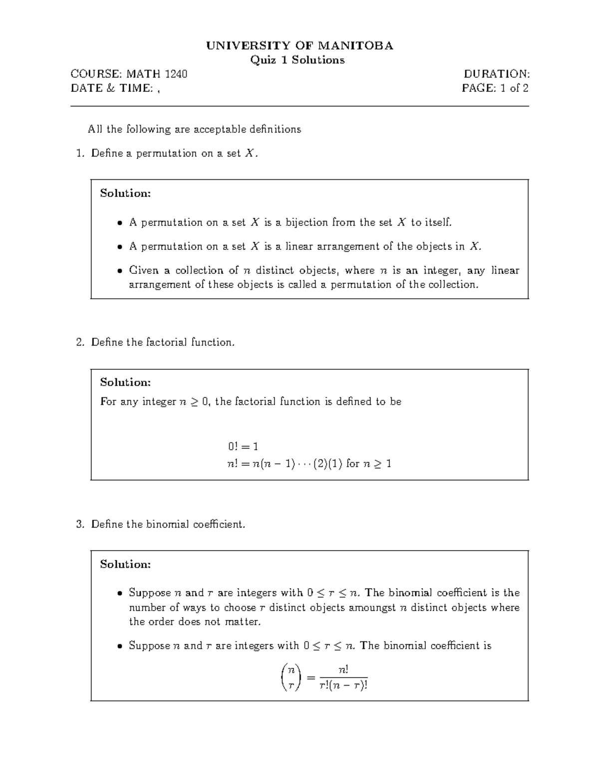 MATH1240 Quiz 1 Solutions - UNIVERSITY OF MANITOBA Quiz 1 Solutions ...