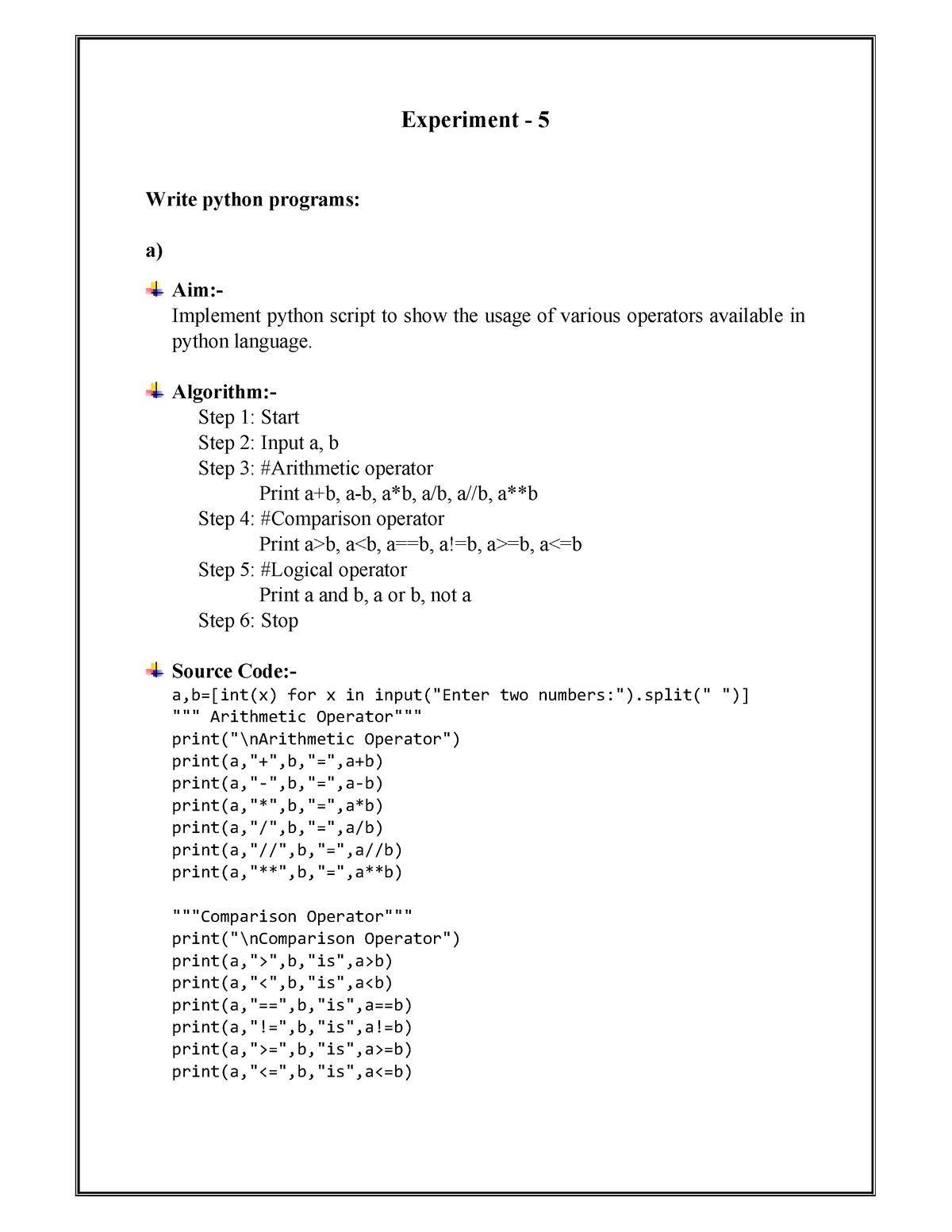 Exp5 Write Python Program A Implement Python Script To Show The Usage Of Various Experiment 8305