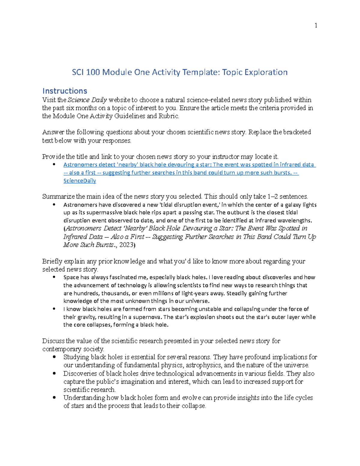 Module One assignment - 1 SCI 100 Module One Activity Template: Topic ...