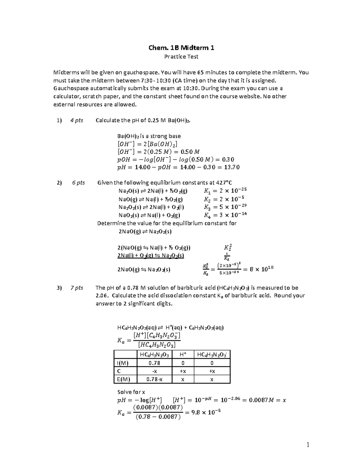 Chem 1B MT1 Practice Test Solutions - Chem. 1B Midterm 1 Practice Test ...