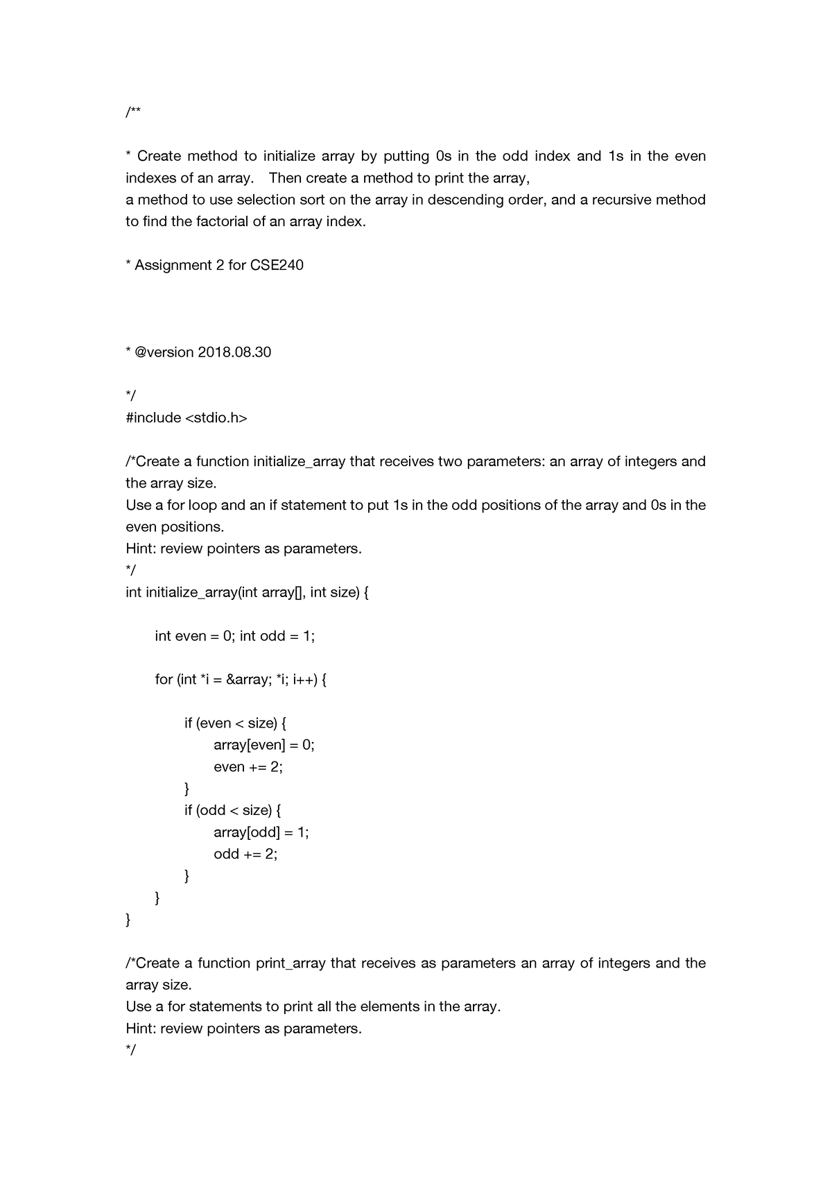 Cse 240 Homework Part 1 Create Method To Initialize Array By Putting 0s In The Odd Index 8822