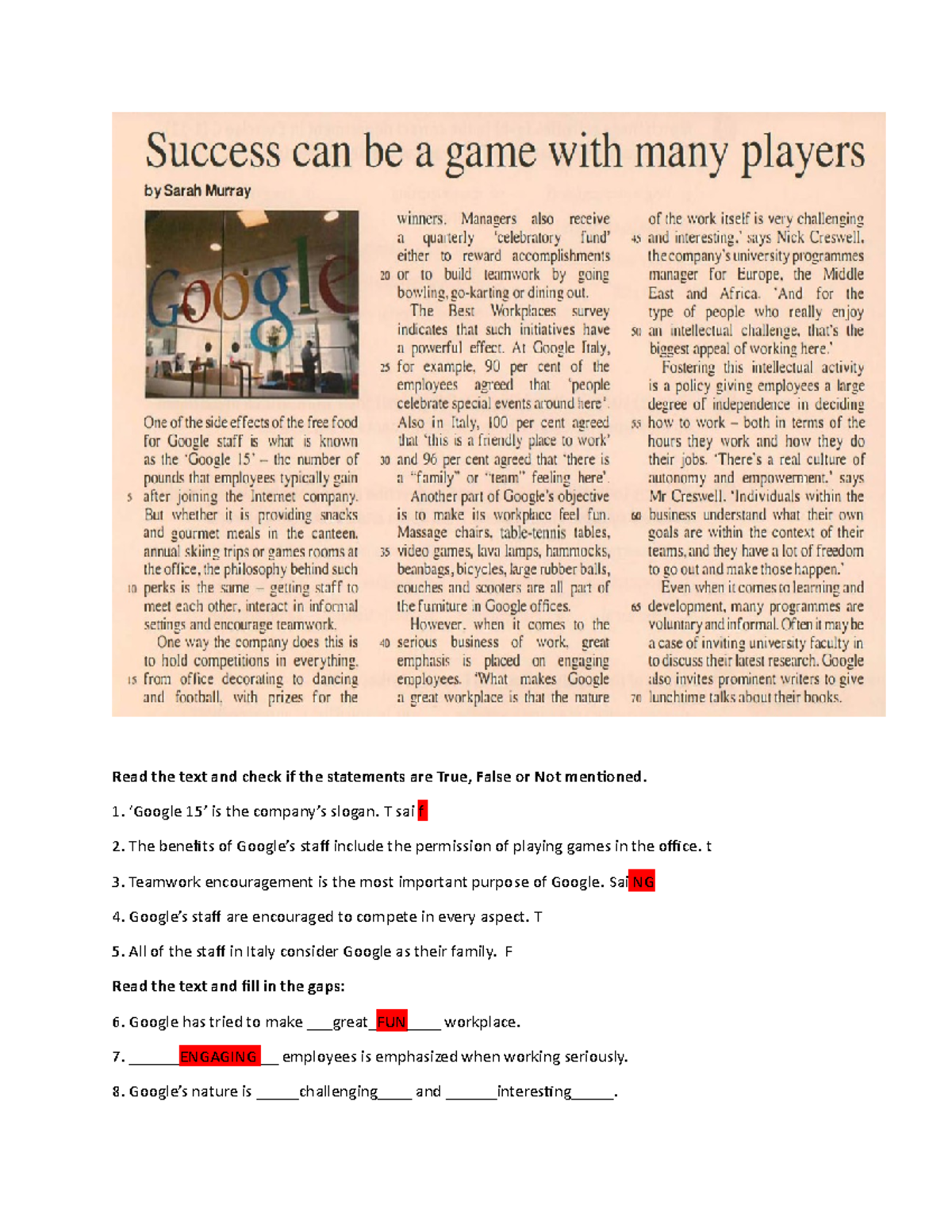 ENM301 - UNIT 4 - Reading 1 - Read the text and check if the statements ...