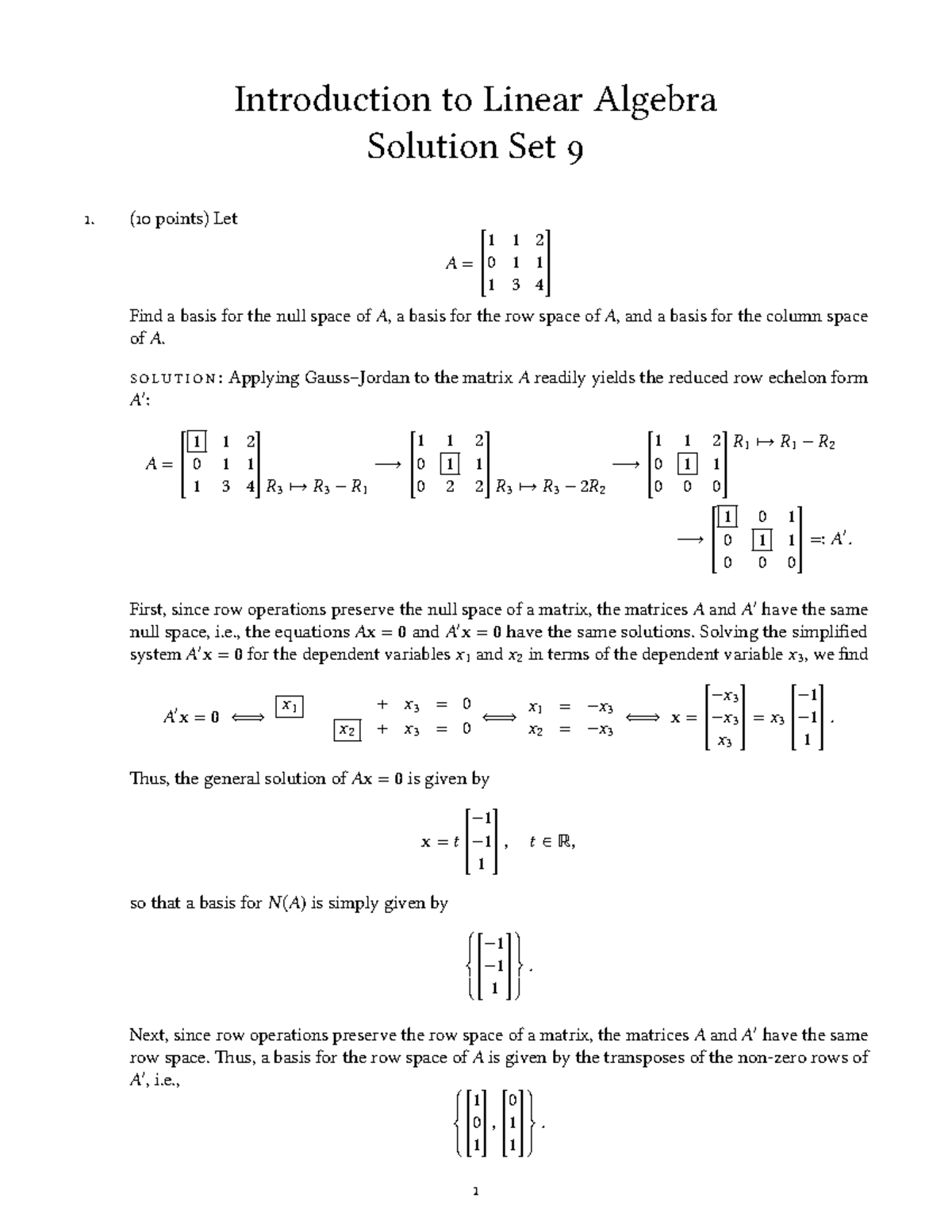 Assignments 9 solution - Introduction to Linear Algebra Solution Set 9 ...