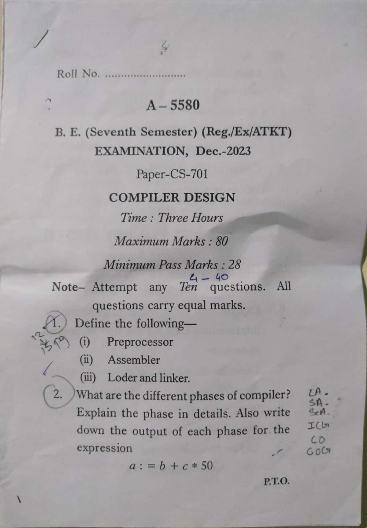 7th-2023 - Previous year question - \ / Roll No . A- B. E. (Seventh ...