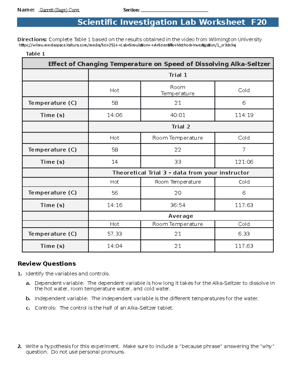 Lab worksheet #1 - Directions: Complete Table 1 based on the results ...