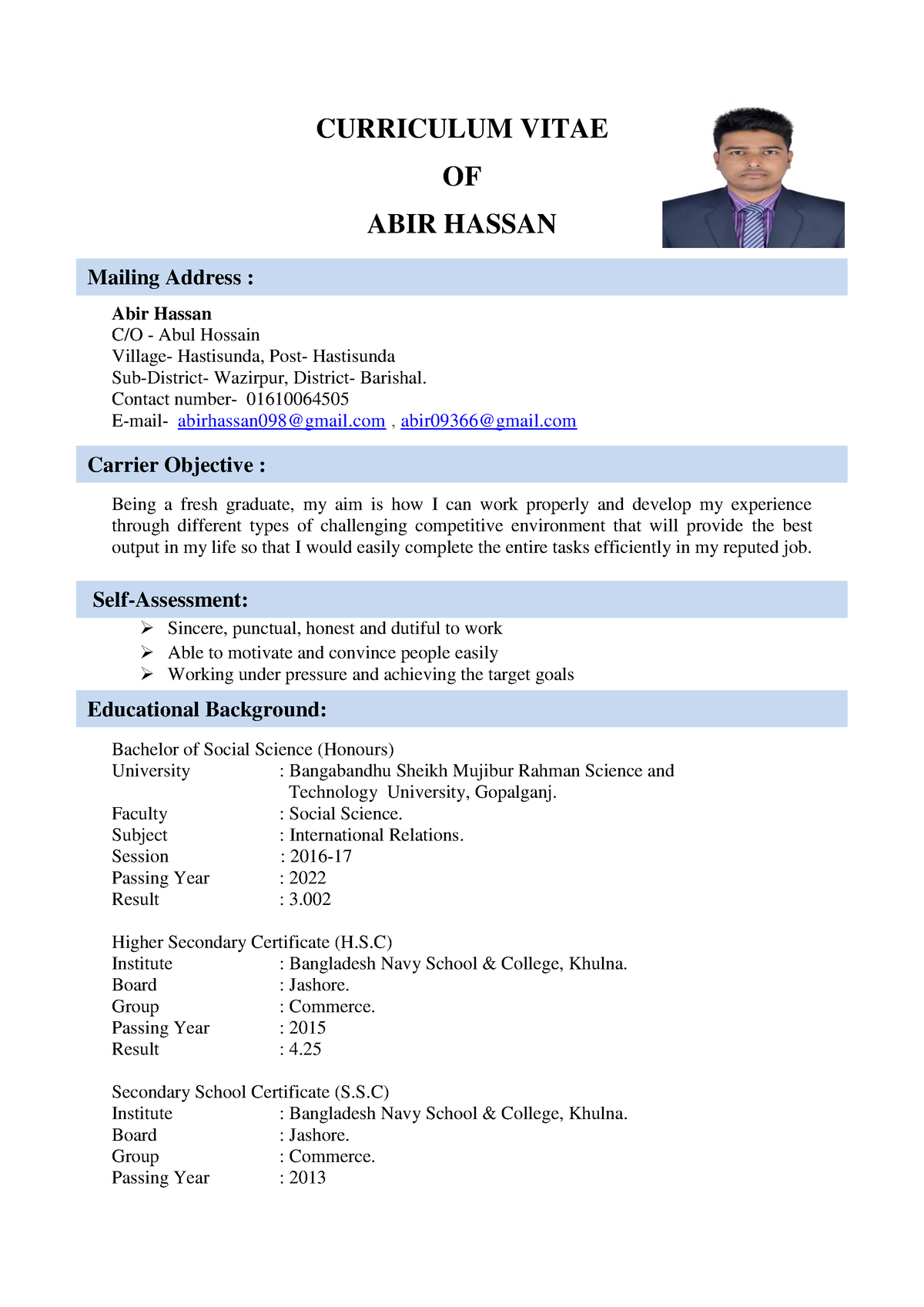 CV cv - mmbmjh - CURRICULUM VITAE OF ABIR HASSAN Abir Hassan C/O - Abul ...