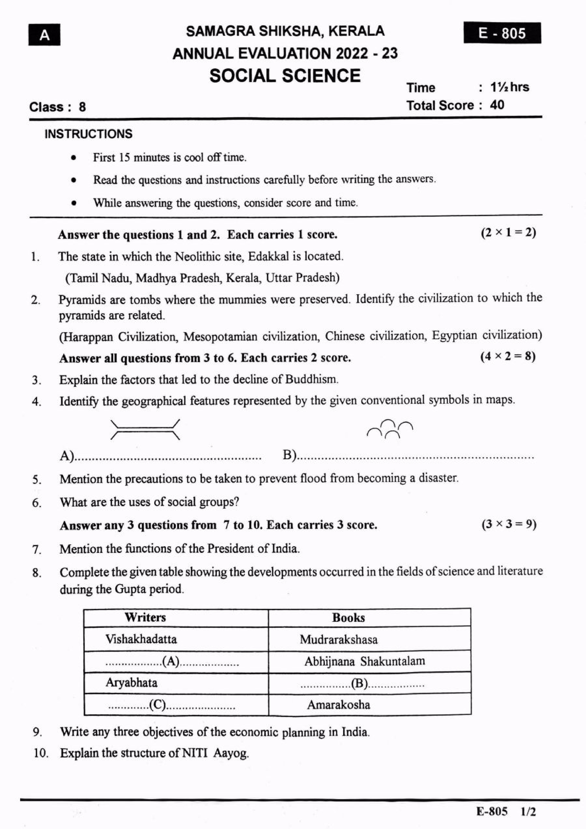 Social Science (EM) Question Paper Kerala Class 8 Annual Exam March ...