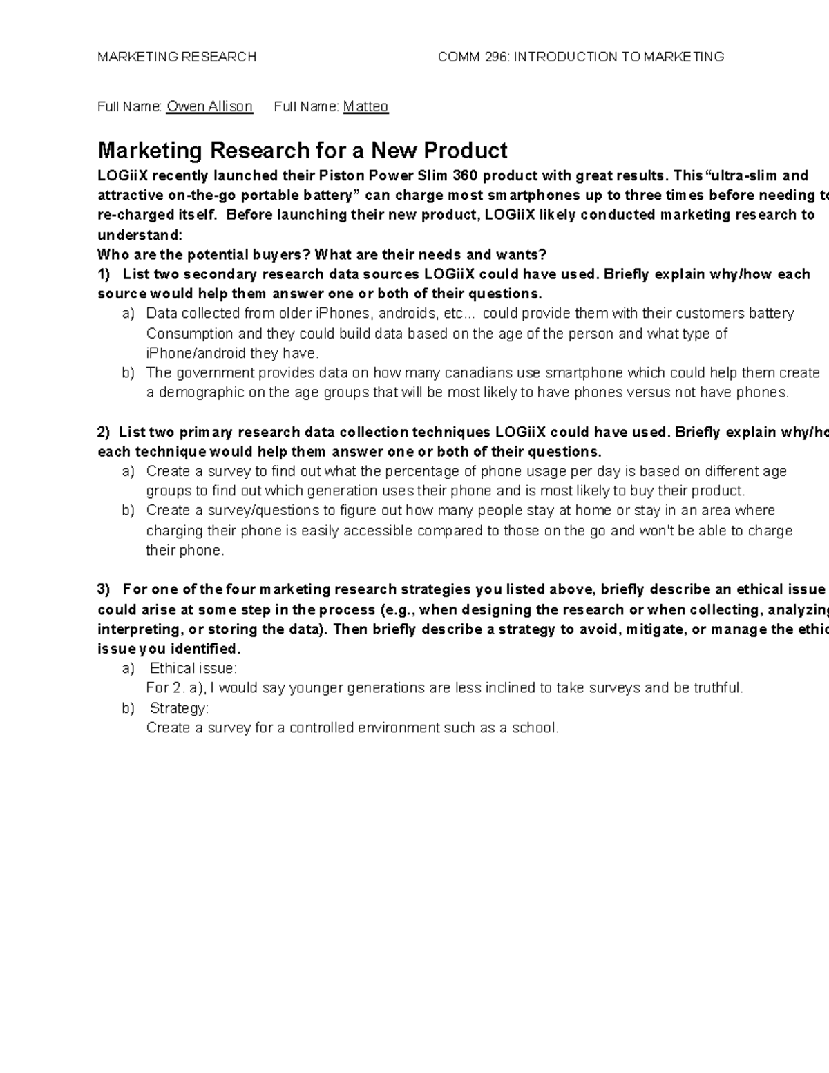 recommendation in marketing research example