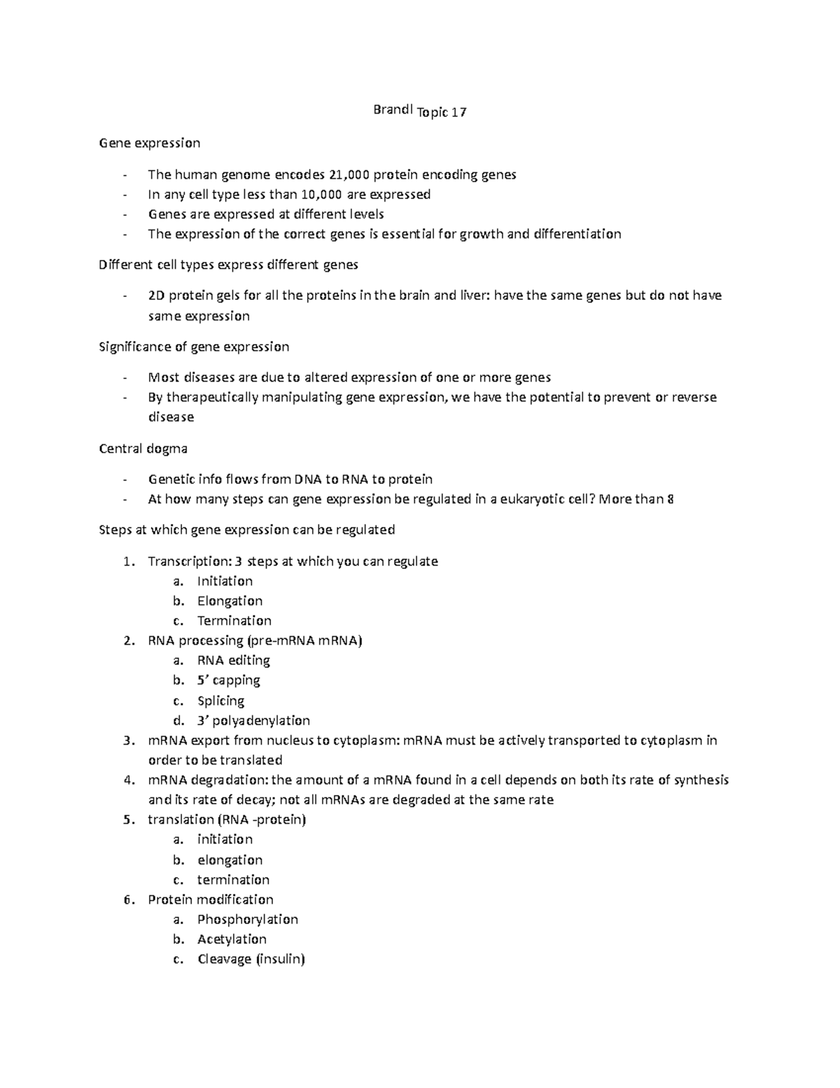 Lecture Notes - summarized - Brandl Topic 17 Gene expression The human ...