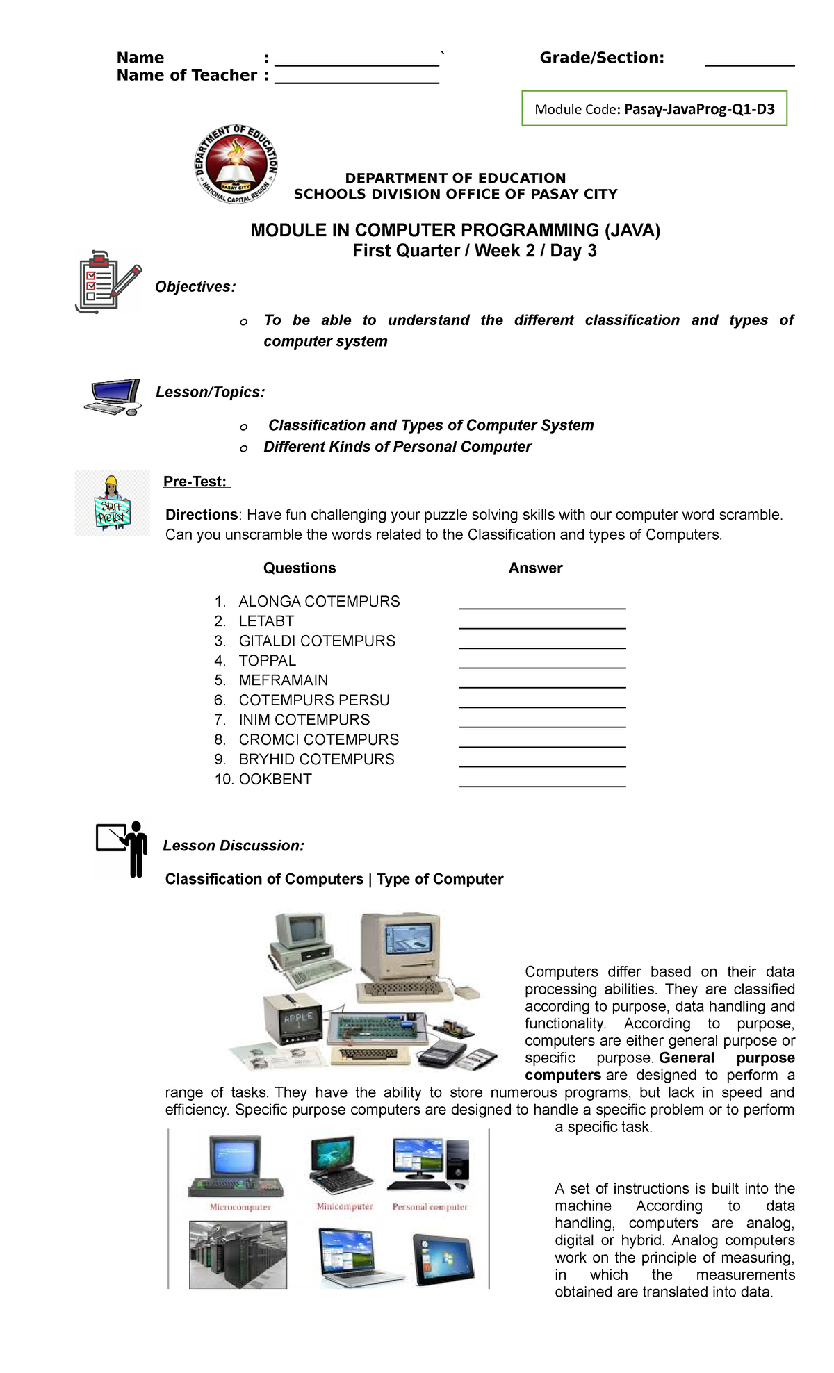 Module IN Programming-Module 3-Q1-WK2-DAY3 - Name of Teacher ...