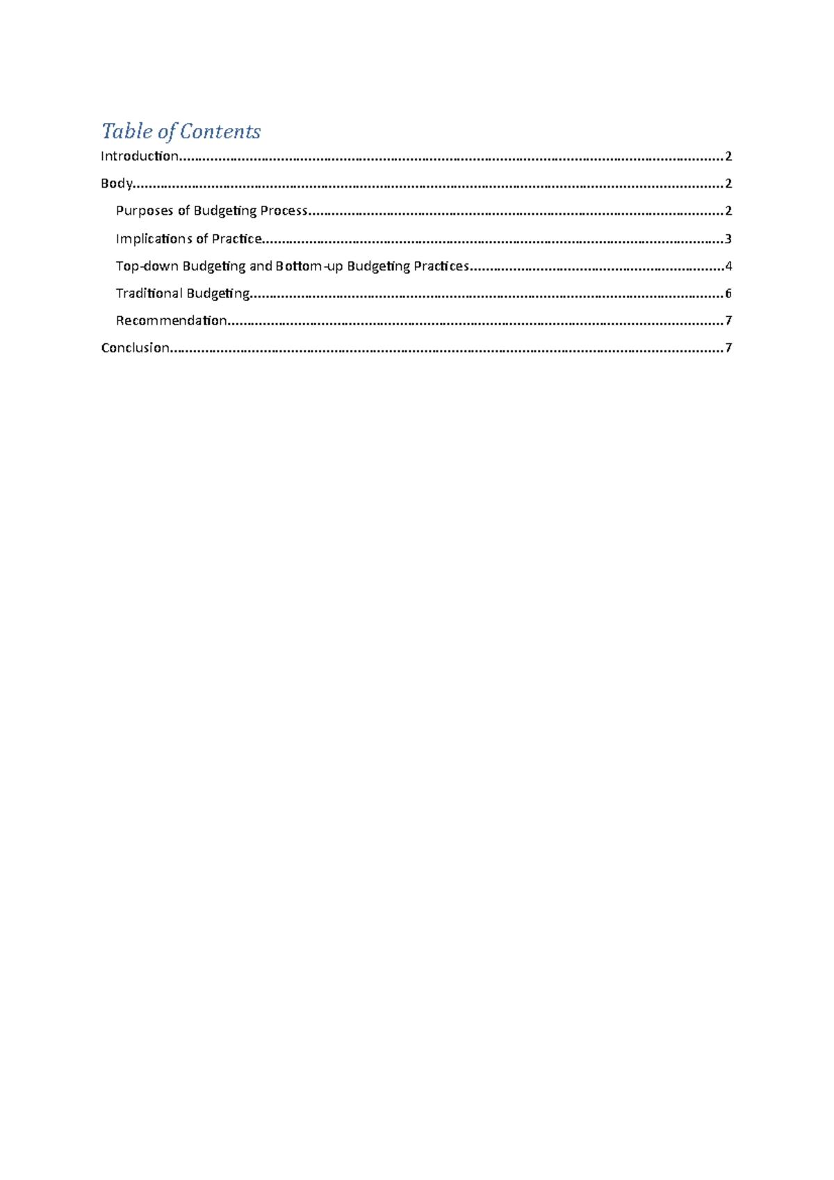 Managerial accounting individual assignment - Table of Contents - Studocu