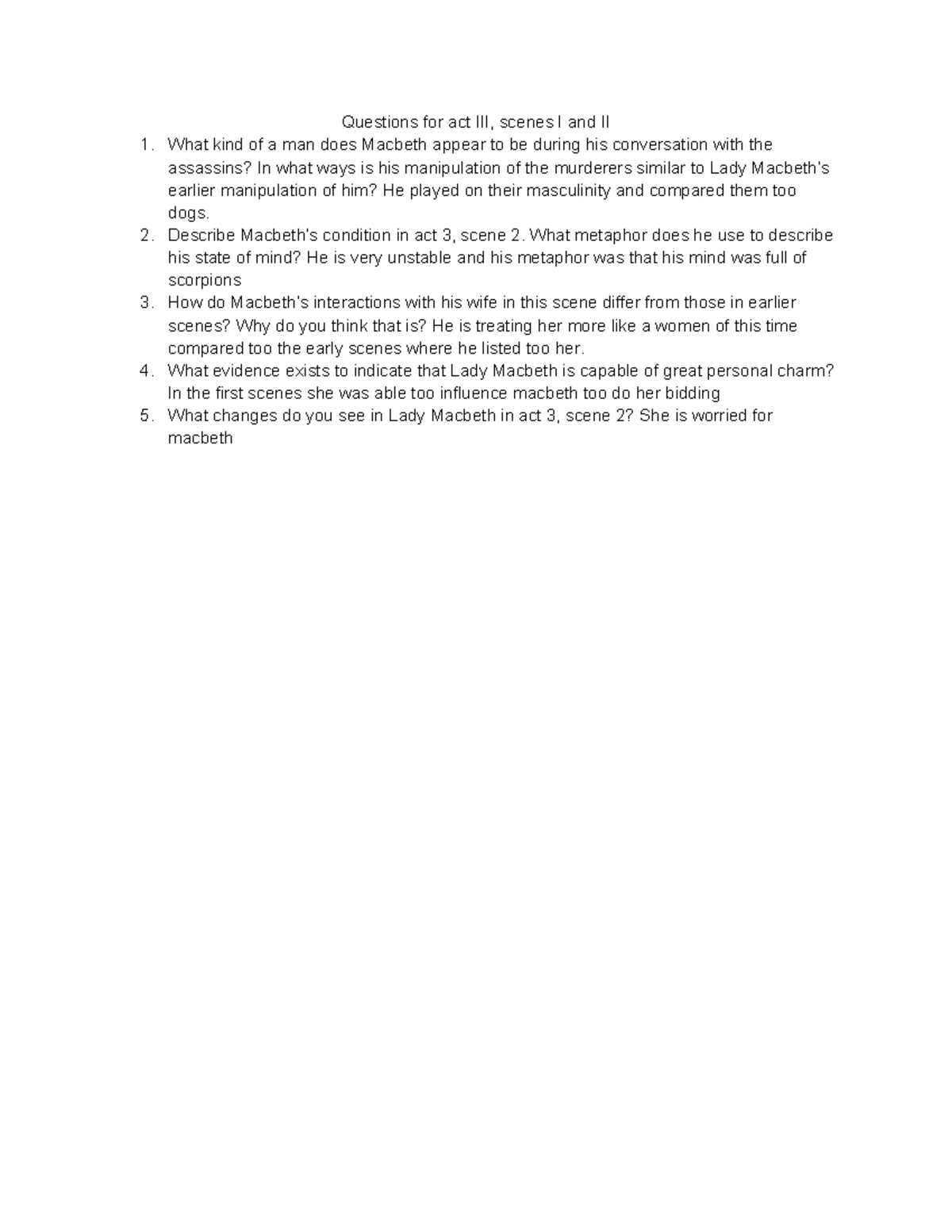 Copy of Scenes 1 and 2 questions - Questions for act III, scenes I and ...