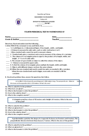 PT Mathematics 5 - Q4 V2 - fourth quarter exam - Republic of the ...