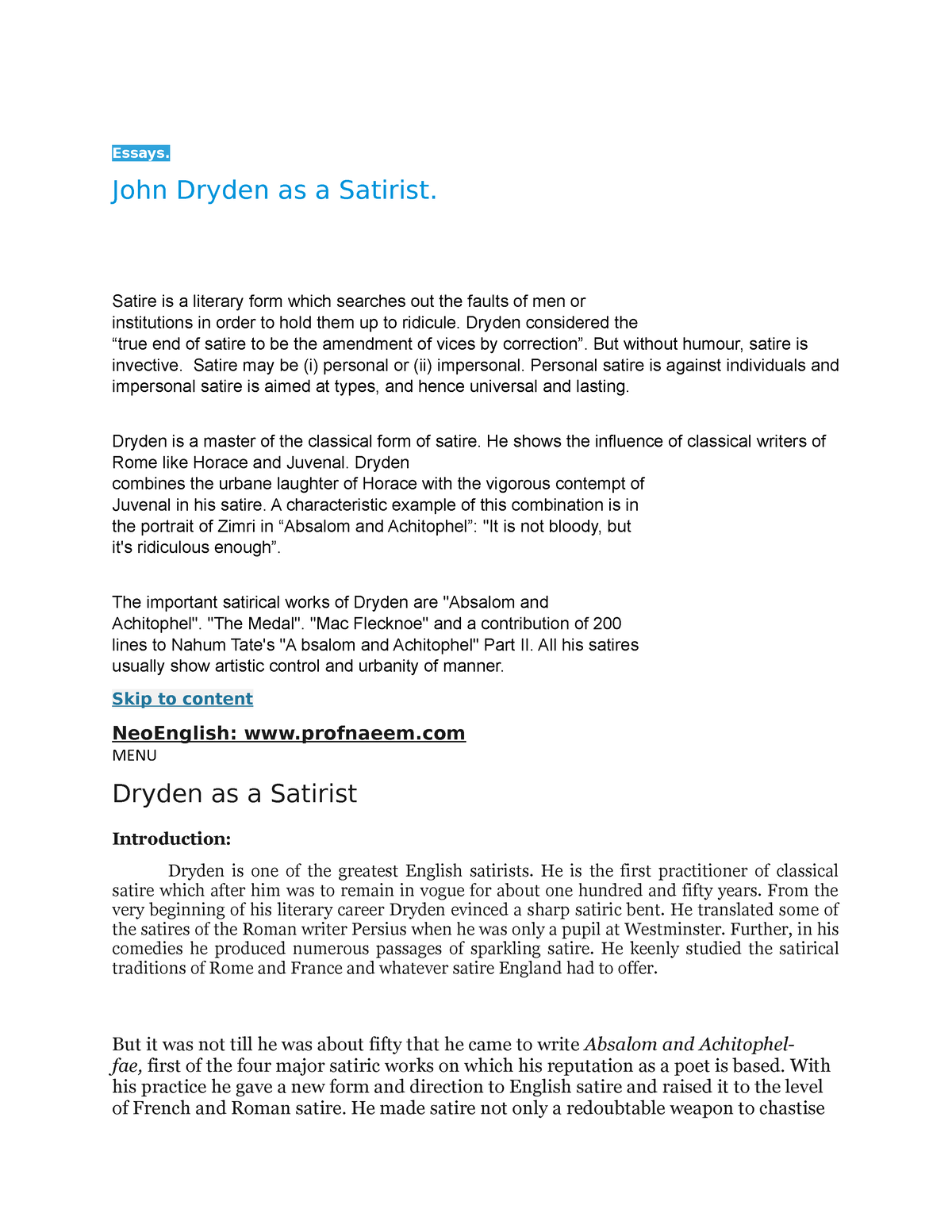 essay on satire by dryden