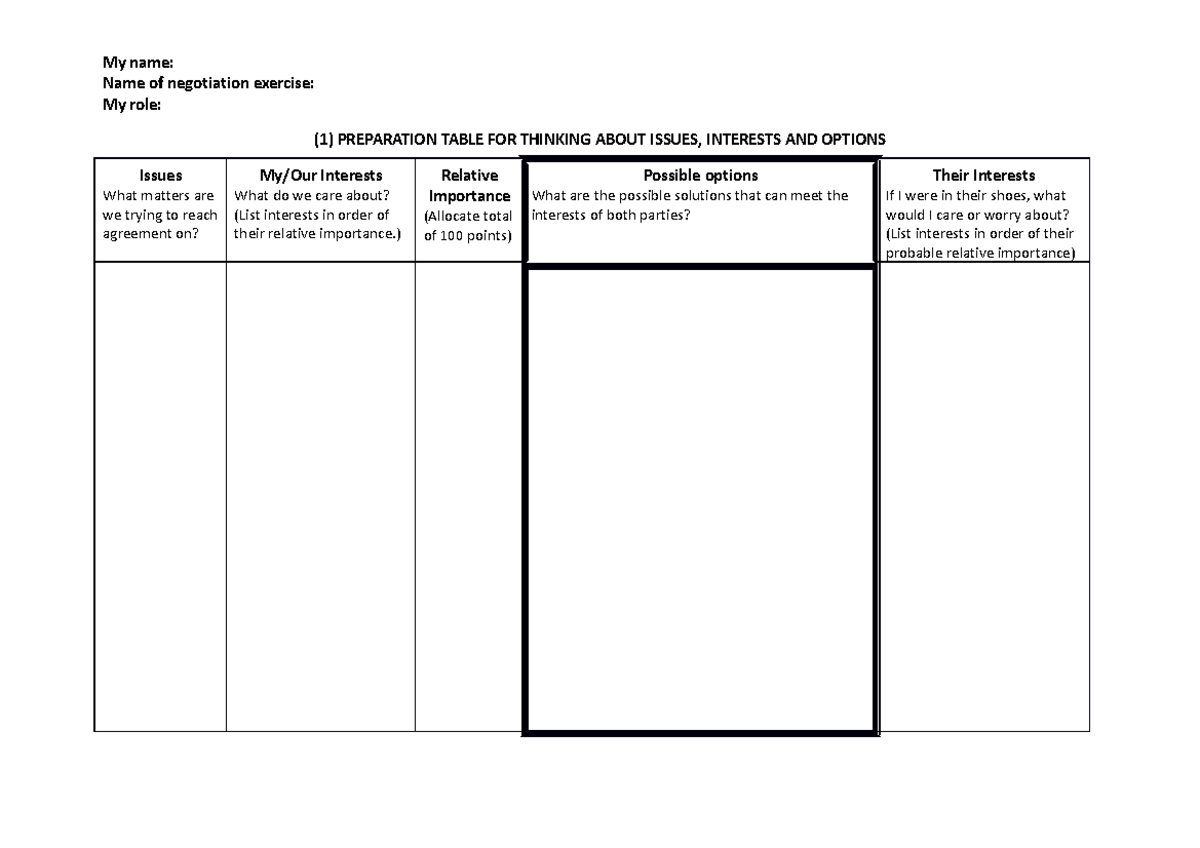Negotiation Preparation Table - My name: Name of negotiation exercise ...