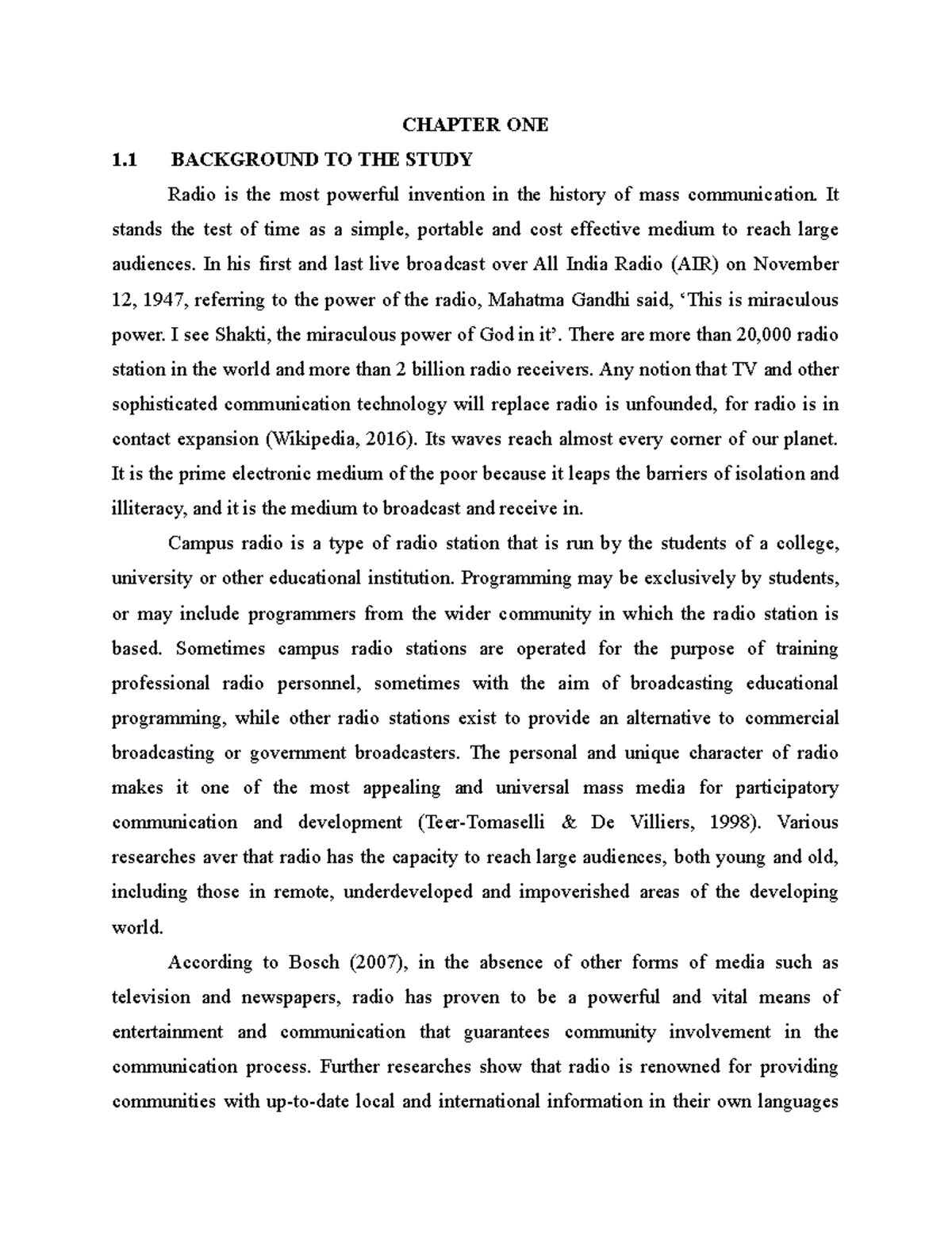 Chapter ONE - Grade: B+ - CHAPTER ONE 1 BACKGROUND TO THE STUDY Radio ...