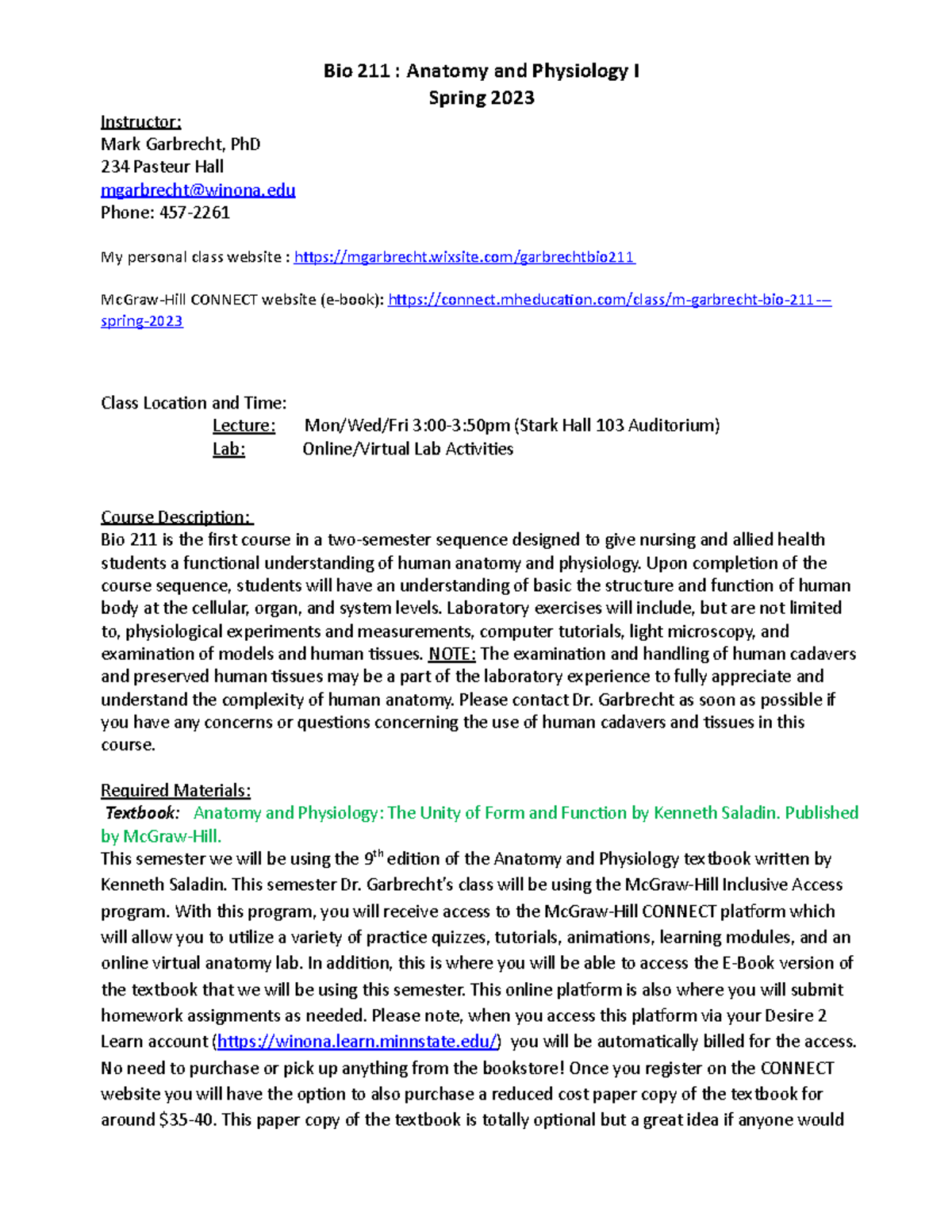 Bio 211 Syllabus - Spring 2023 - Bio 211 : Anatomy and Physiology I ...