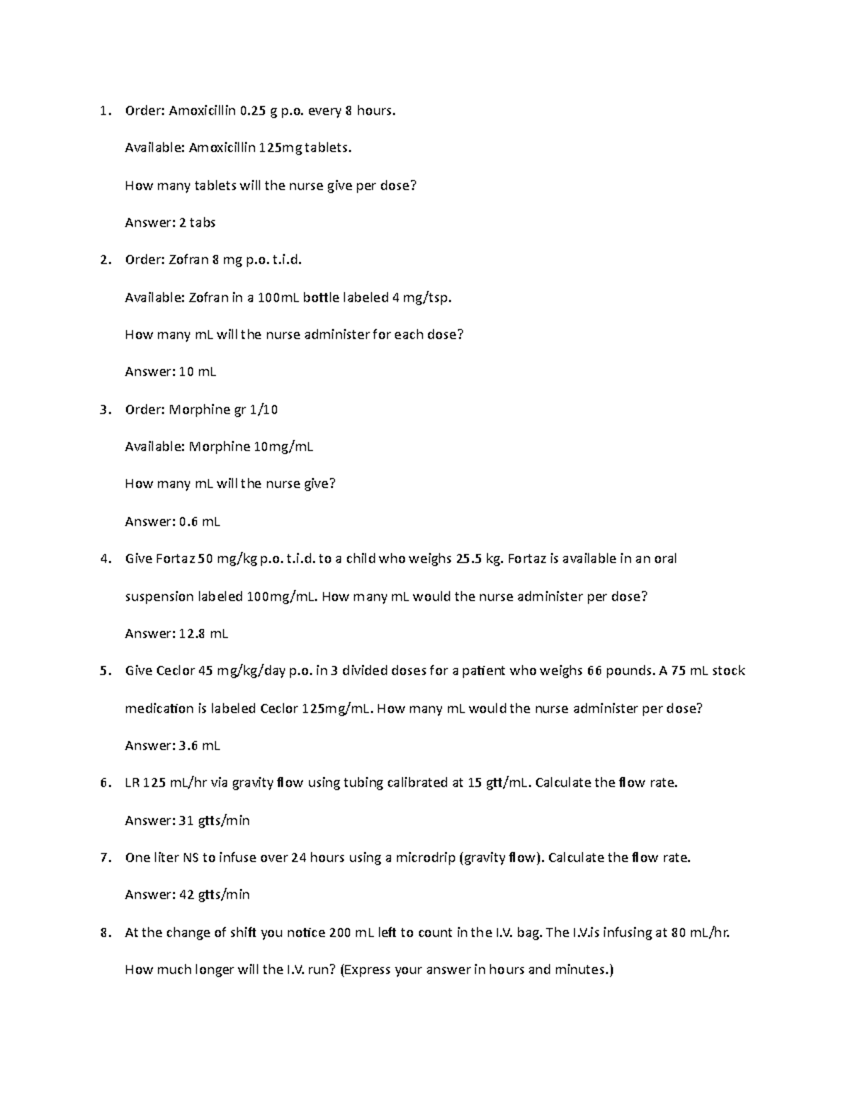 Dosage Calculation Practice Worksheet 2 - Order: Amoxicillin 0 g p. every 8  hours. Available: - Studocu