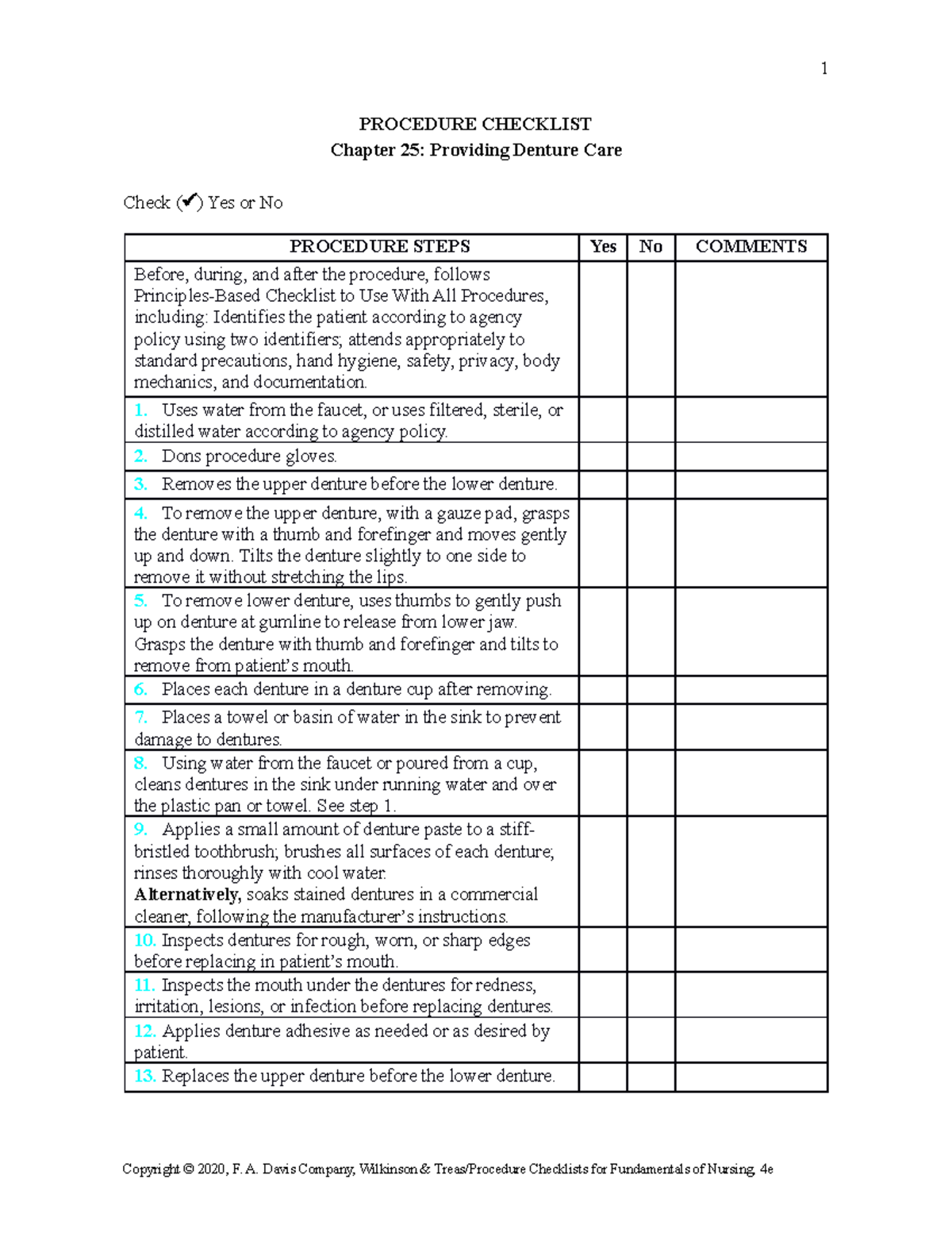 Checklist Denture Care 1 PROCEDURE CHECKLIST Chapter 25 Providing   Thumb 1200 1553 