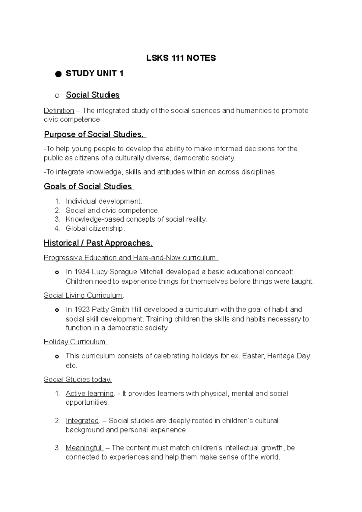 LSKS 111 Notes 2 - LSKS 111 NOTES STUDY UNIT 1 o Social Studies ...