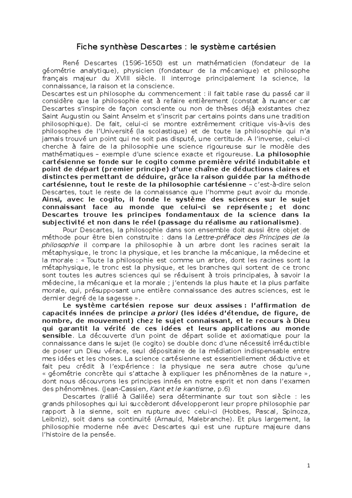 Fiche synthèse Descartes, le système cartésien Fiche synthèse Descartes le système cartésien