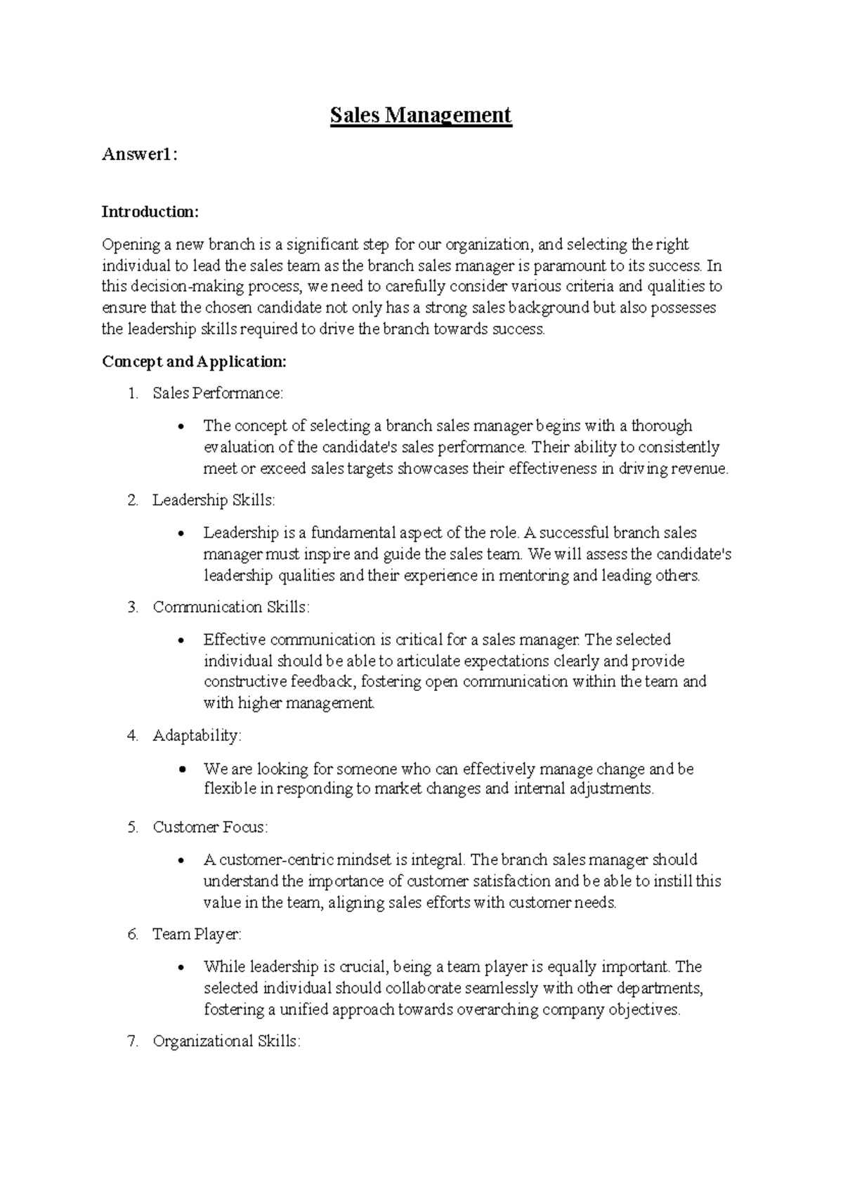 Sales Management - Sales Management Answer1: Introduction: Opening a ...