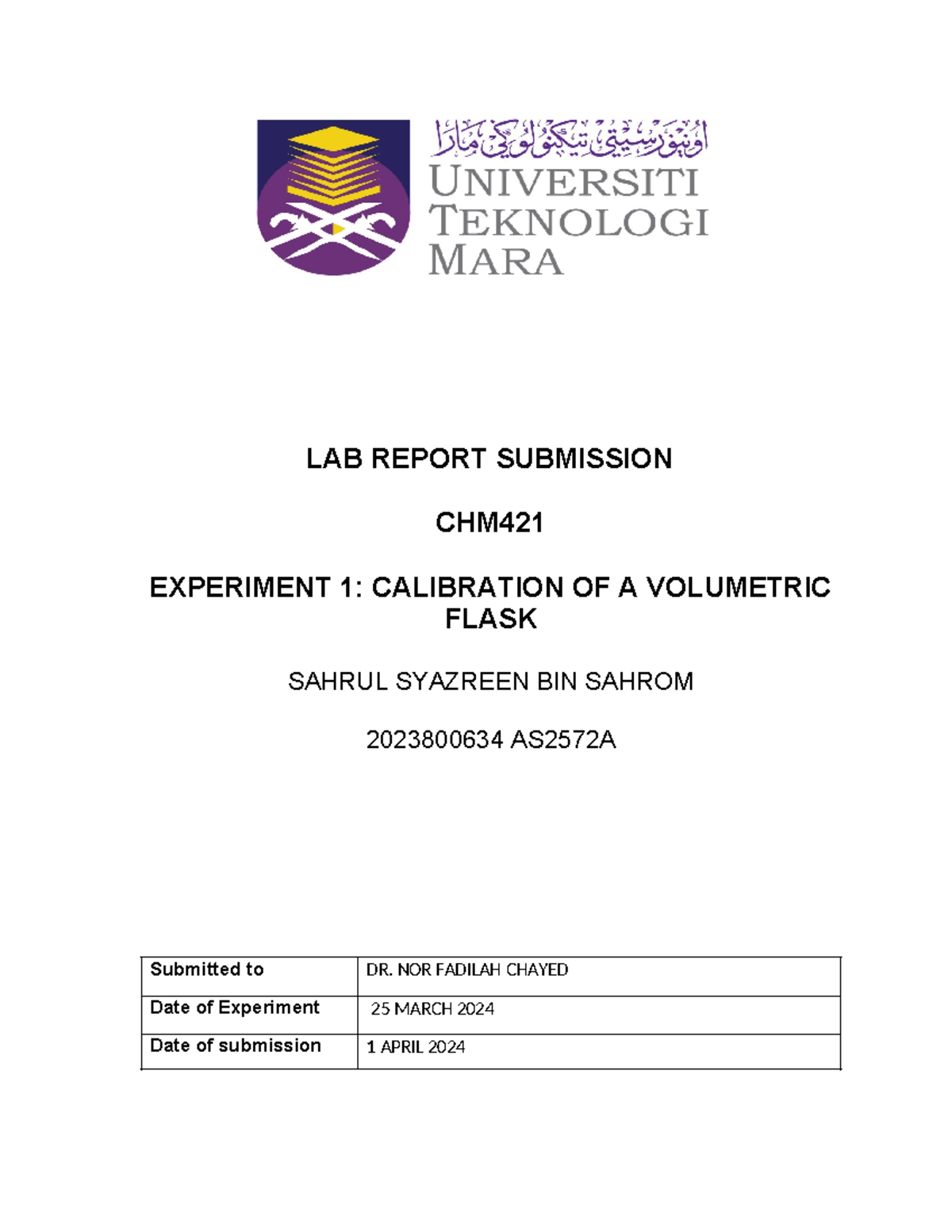 Cover Page Lab Report CHM420 - Analytical Chemistry - LAB REPORT ...