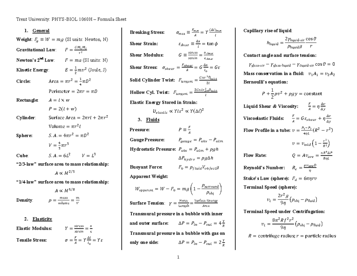 Formula Sheet - Trent University: PHYS-BIOL 1060H – Formula Sheet 1 1 ...