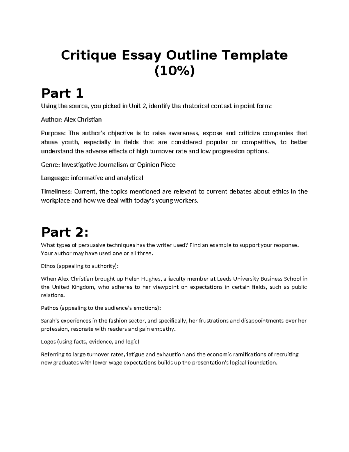 Project 1 essay outline - Critique Essay Outline Template (10%) Part 1 ...