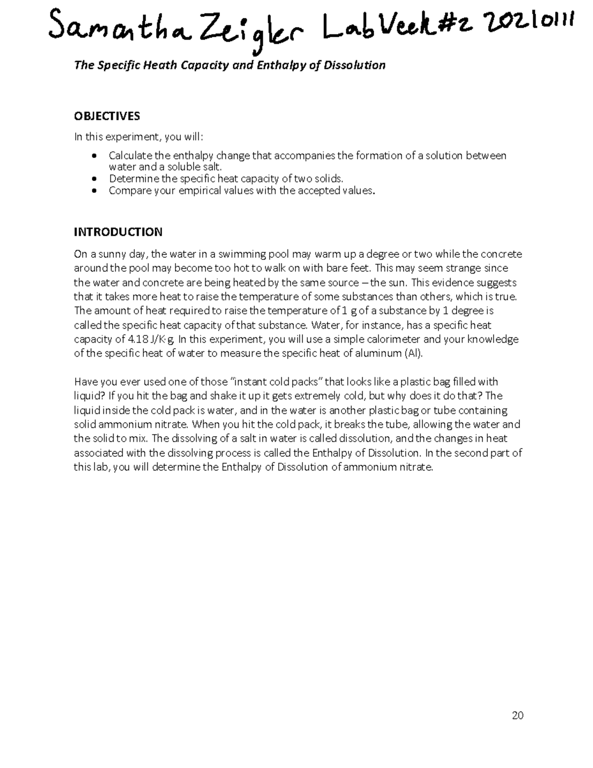 Chem Lab week 2 The Specific Heath Capacity and Enthalpy of