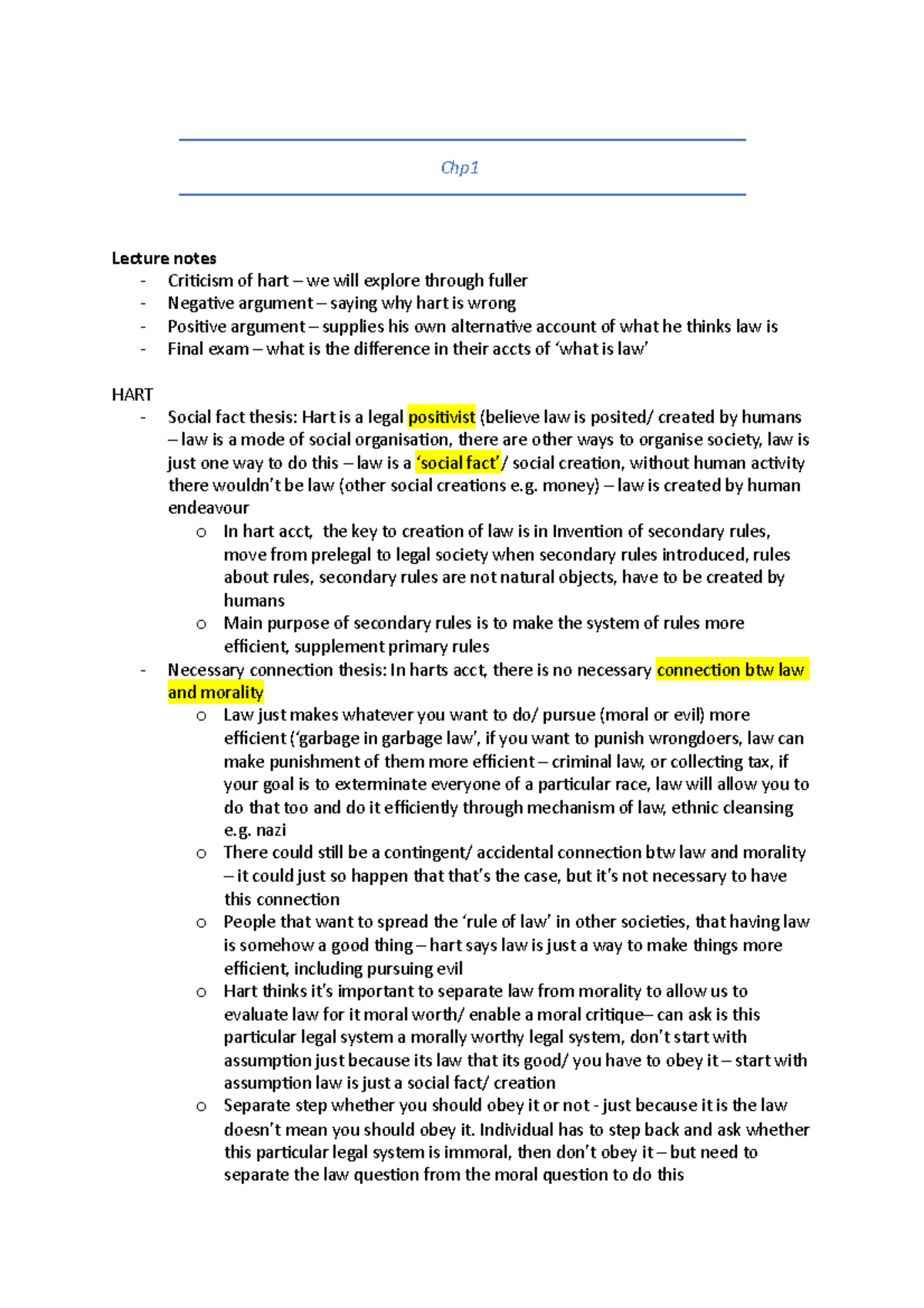 Week 7 lecture 1 notes - Chp Lecture notes - Criticism of hart – we ...