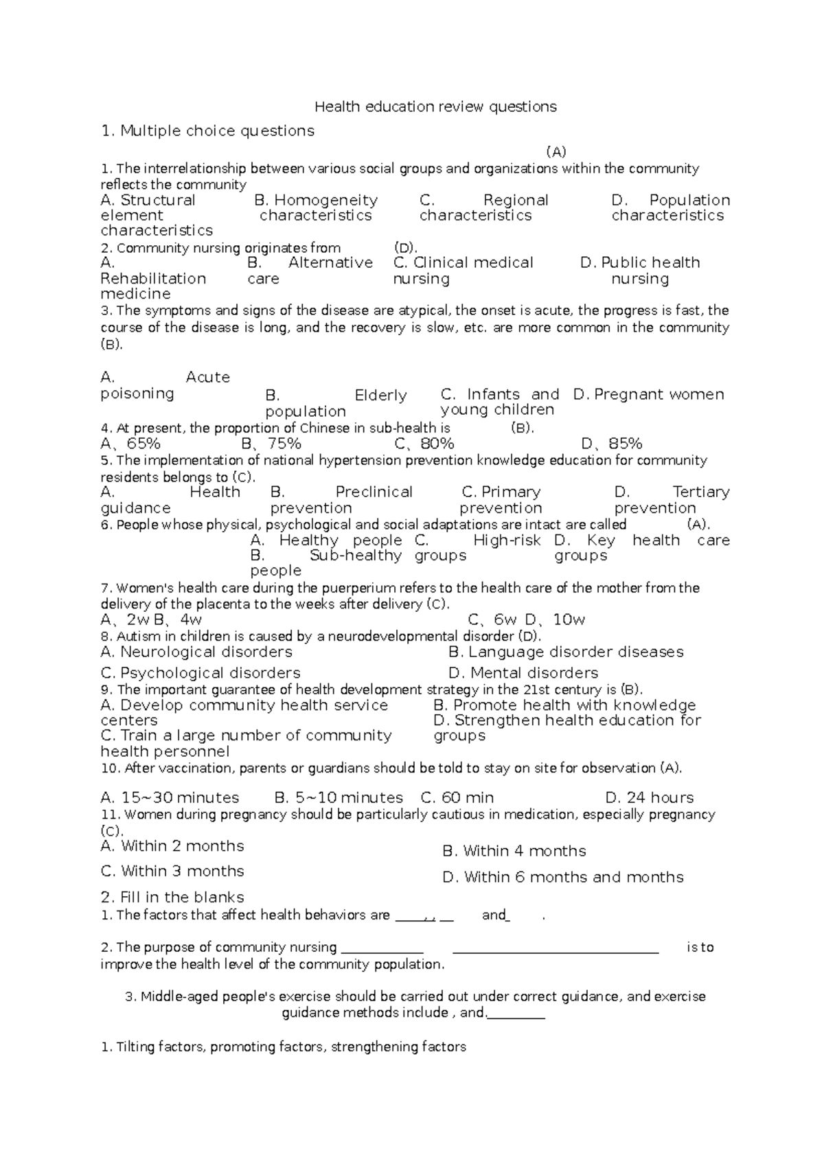 Health education review questions NURS221 - Health education review ...