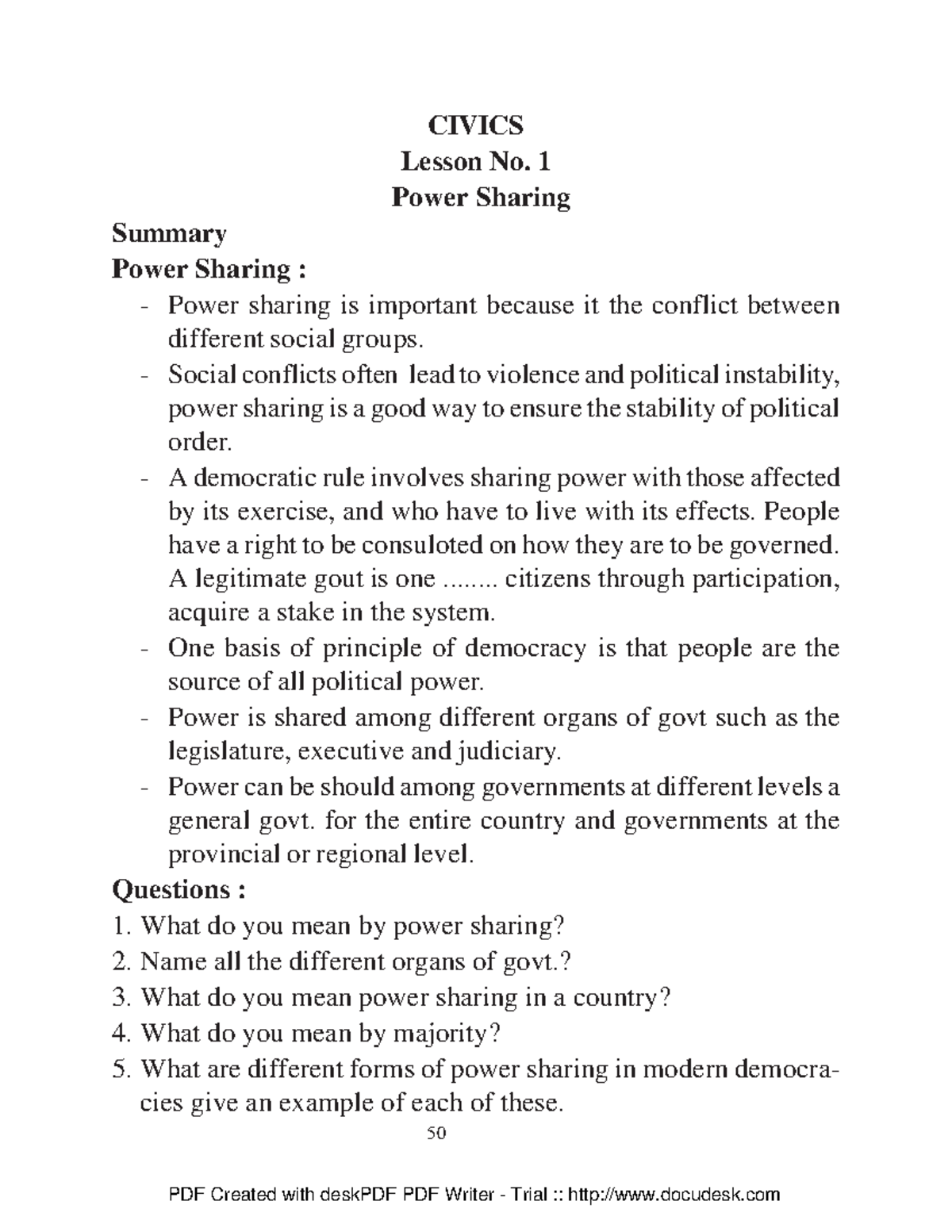 10 social science civics power sharing key 1 eng - 50 CIVICS Lesson No ...