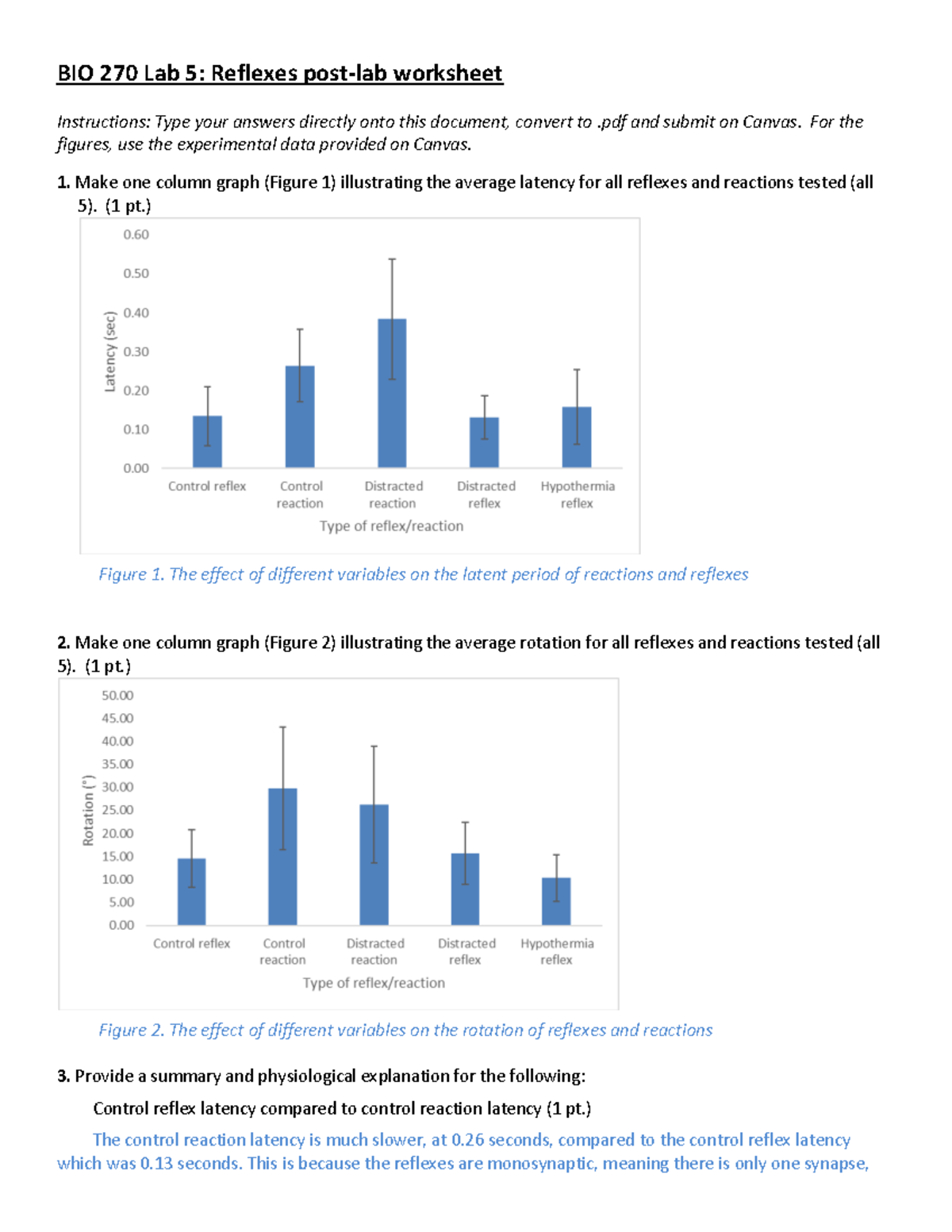 Lab 5 Reflexes postlab worksheet BIO 270 Lab 5 Reflexes postlab