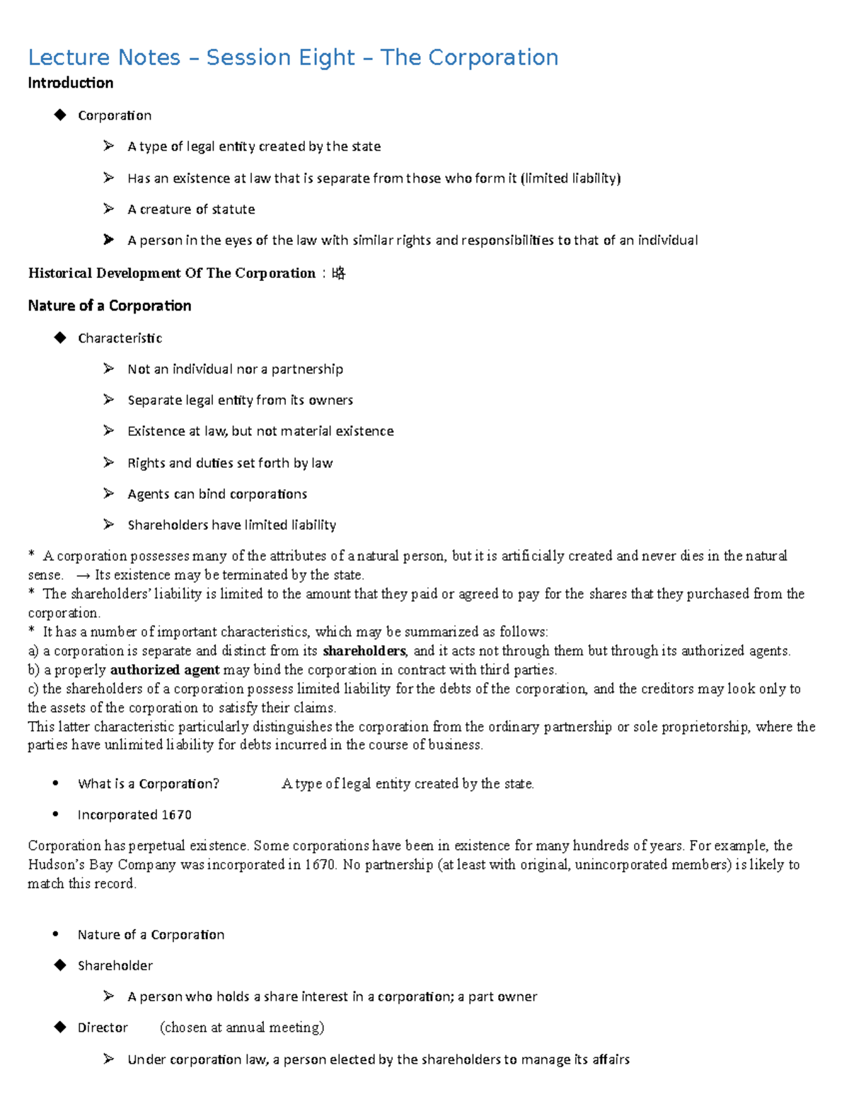 Lecture Notes - Lecture 8 - Corporations - Lecture Notes – Session ...