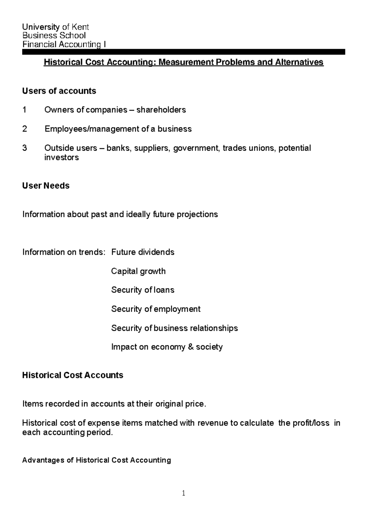 Historic Cost Accounting University Of Kent Business School Financial
