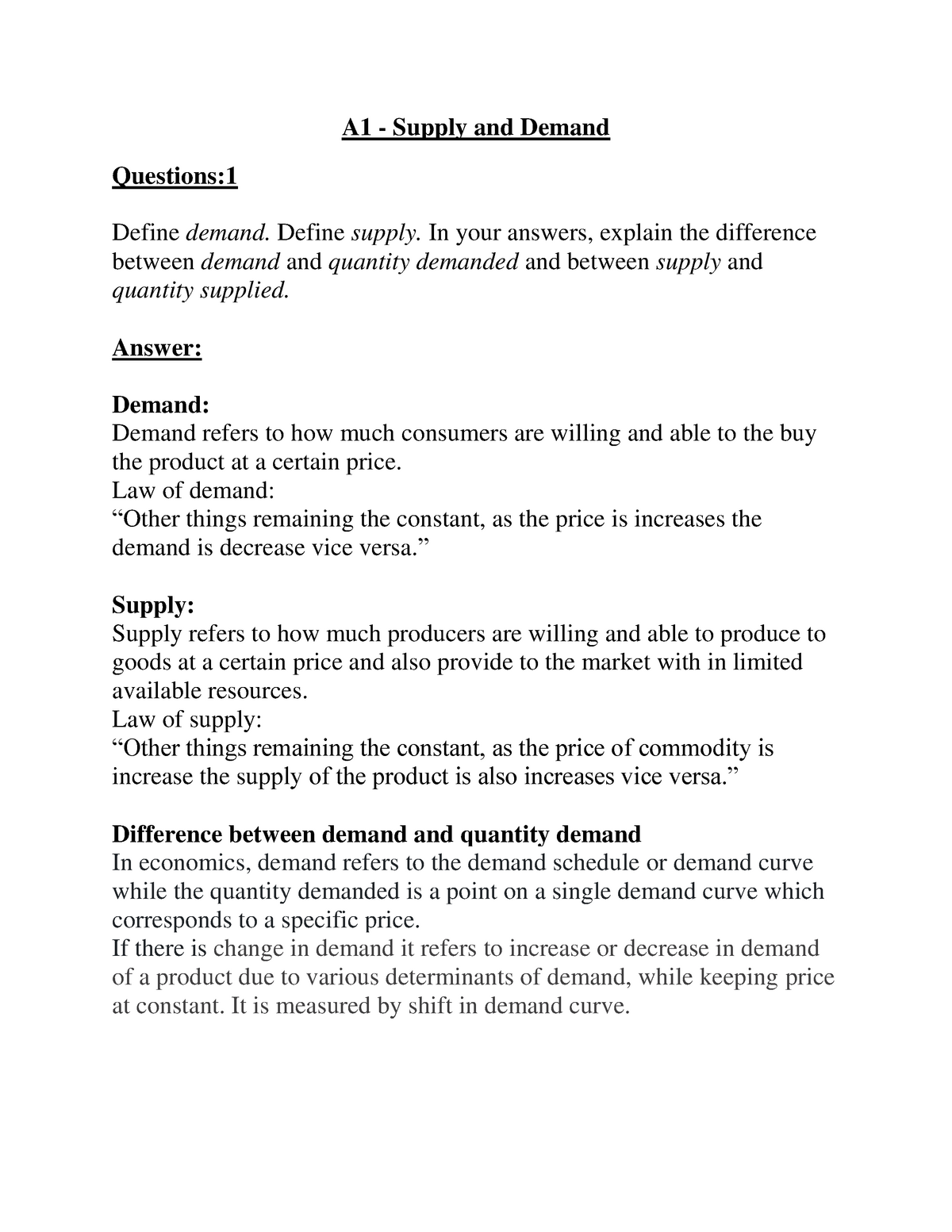 demand and supply essay questions and answers