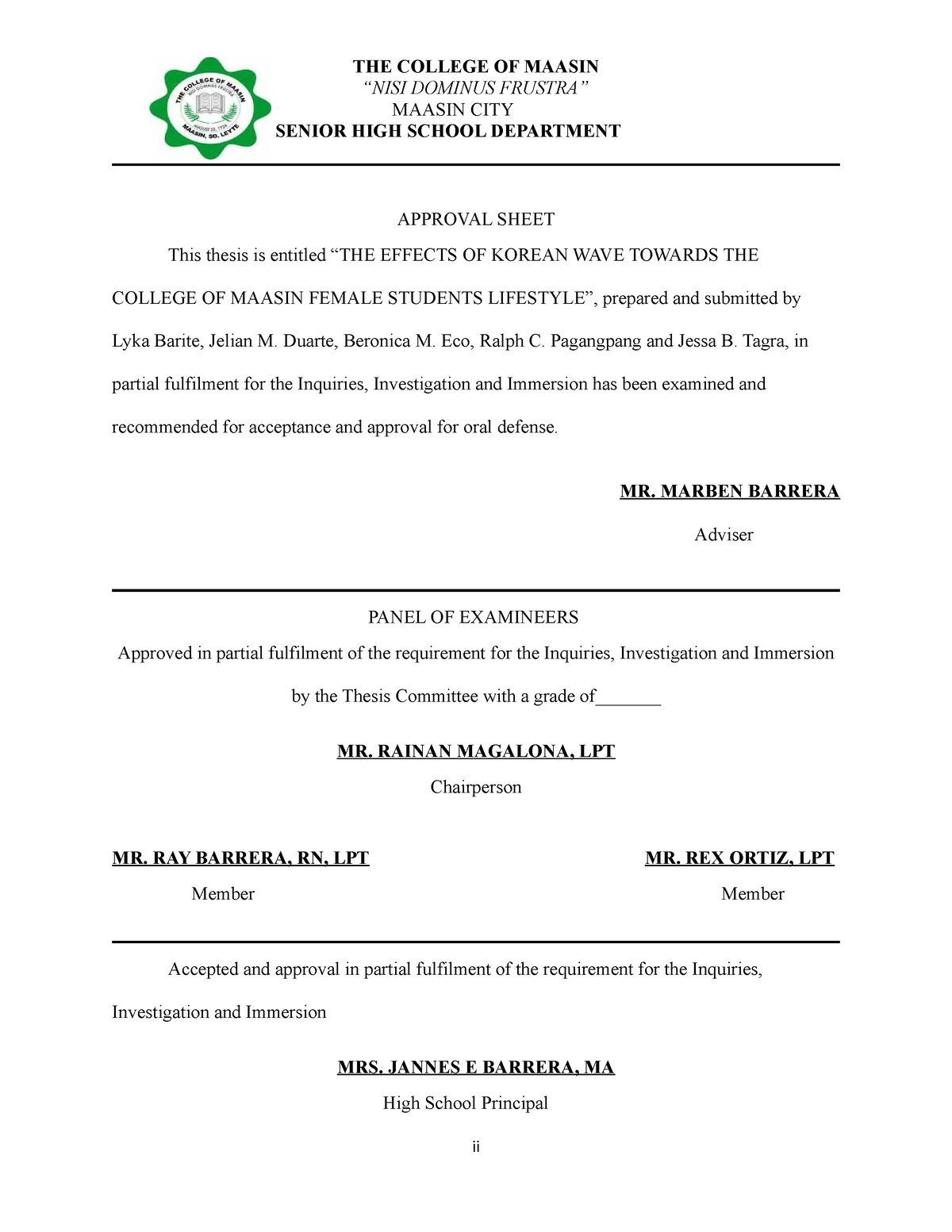 Approval Sheet - practical research - THE COLLEGE OF MAASIN “NISI ...