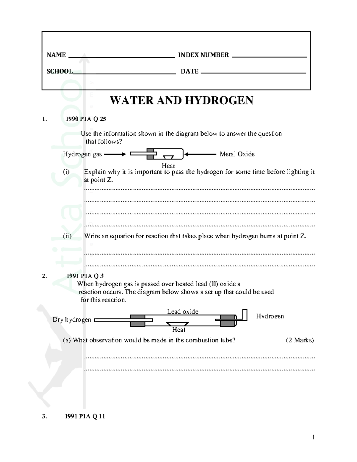 Water and hydrogen chemistry form 1 topical questions and answers