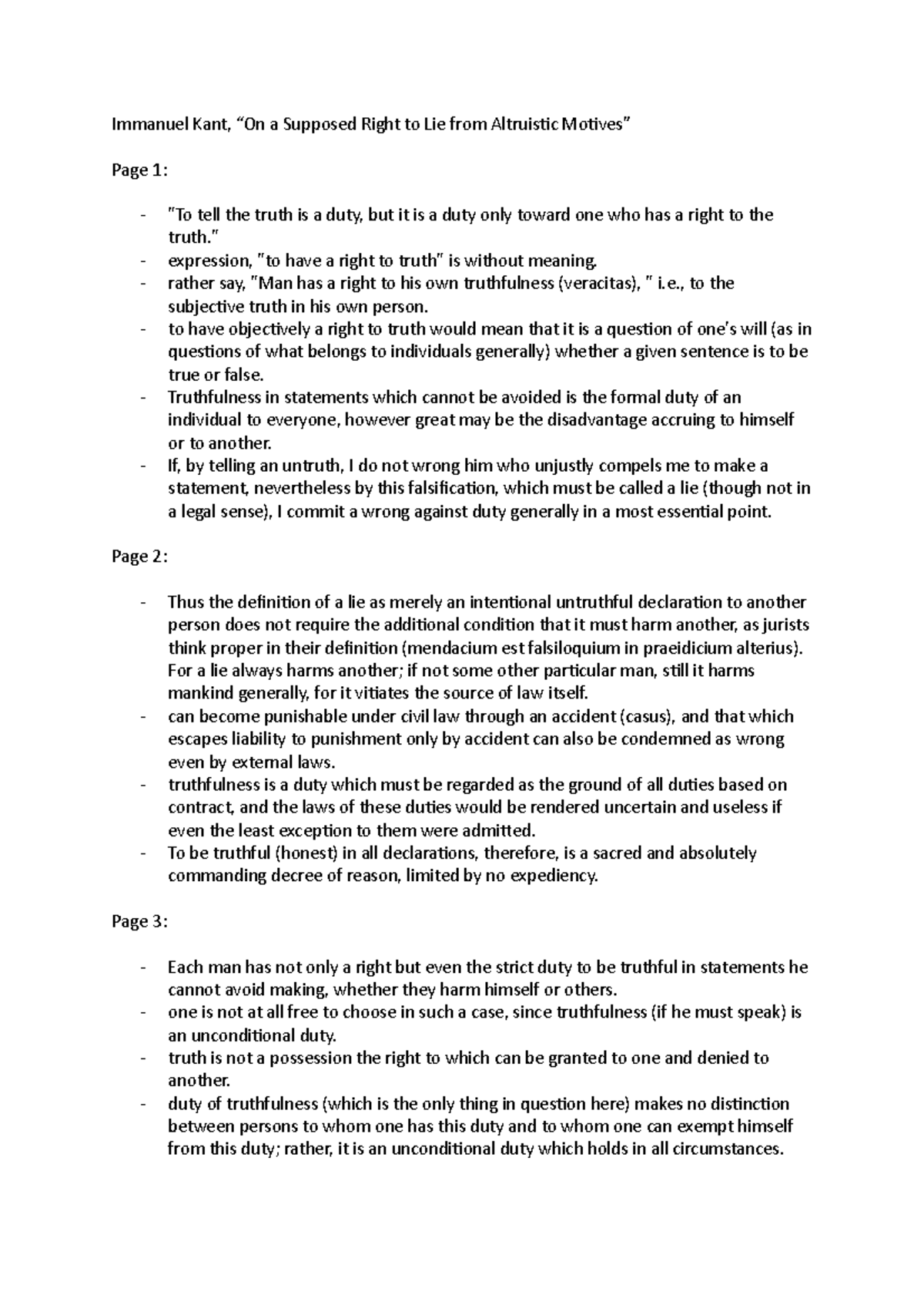 Pre-Reading Notes Week 5 - Immanuel Kant, “On a Supposed Right to Lie ...